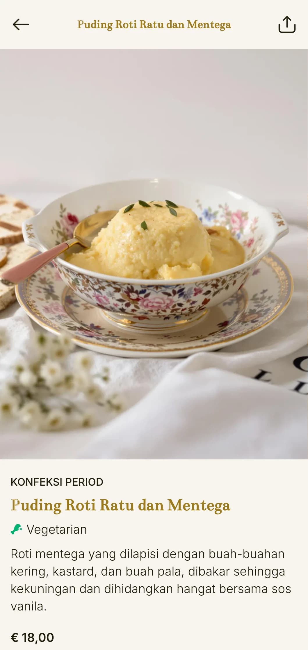 Hidangan sarapan tradisional yang diilhamkan oleh adat makan zaman Victoria, disajikan dengan keanggunan formal dan perhatian terhadap perincian.