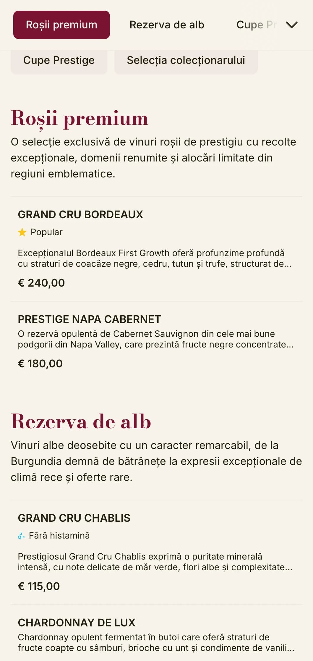 Șablon cu listă de vinuri de un lux spectaculos, cu accente bogate de burgundia și tipografie sofisticată, ideal pentru fripturi și pivnițe de vinuri premium.