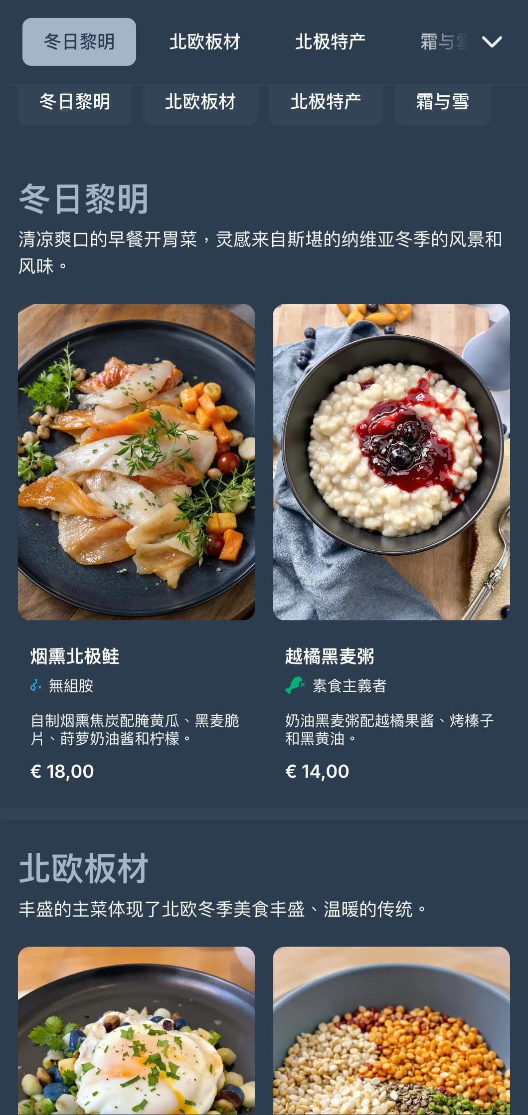 深蓝色模板带有冷色调，灵感来自斯堪的纳维亚冬季美学，适用于现代咖啡馆。