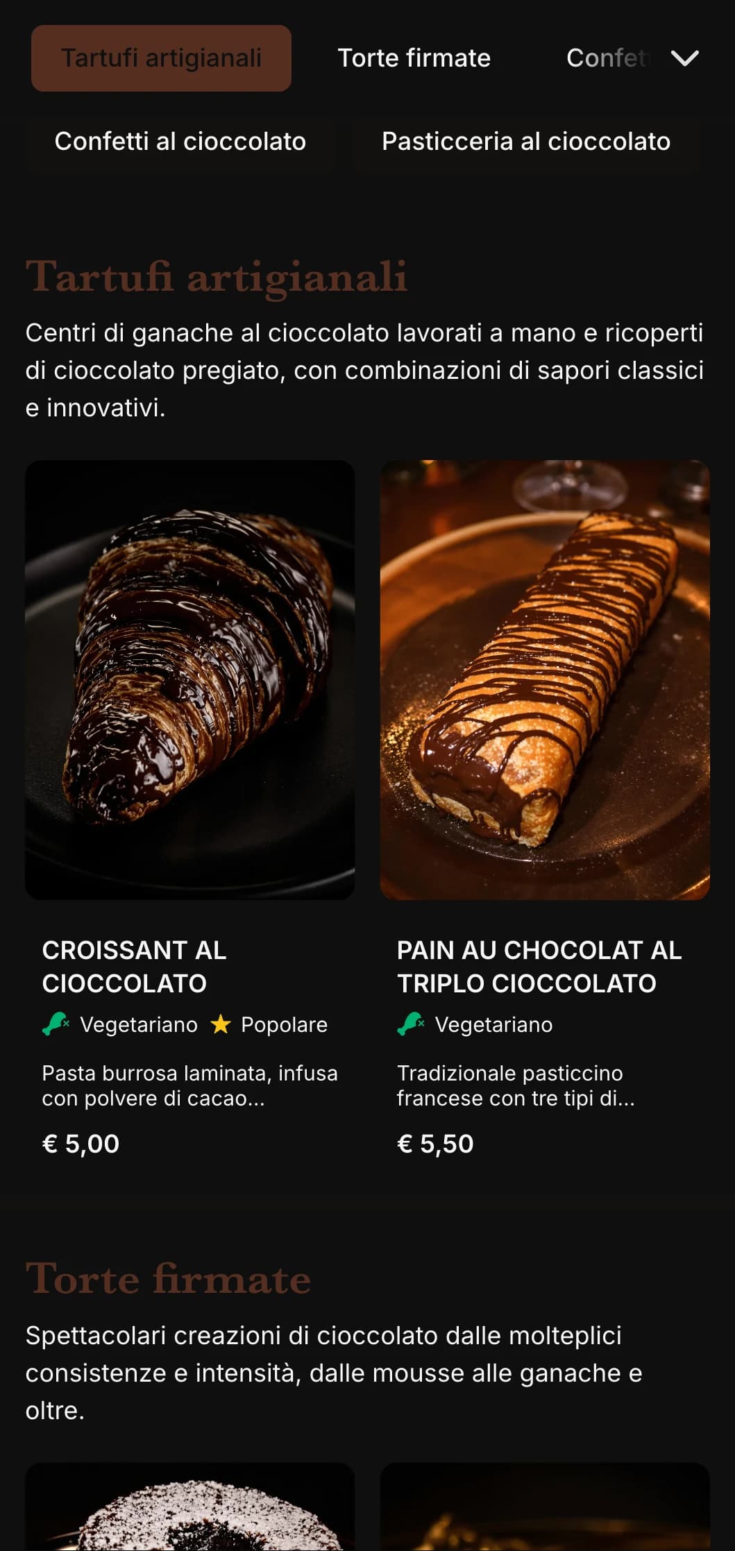 Un design di menu per pasticceria ricco e goloso, con toni marroni di cioccolato intenso e una tipografia elegante, perfetto per le pasticcerie incentrate sul cioccolato.