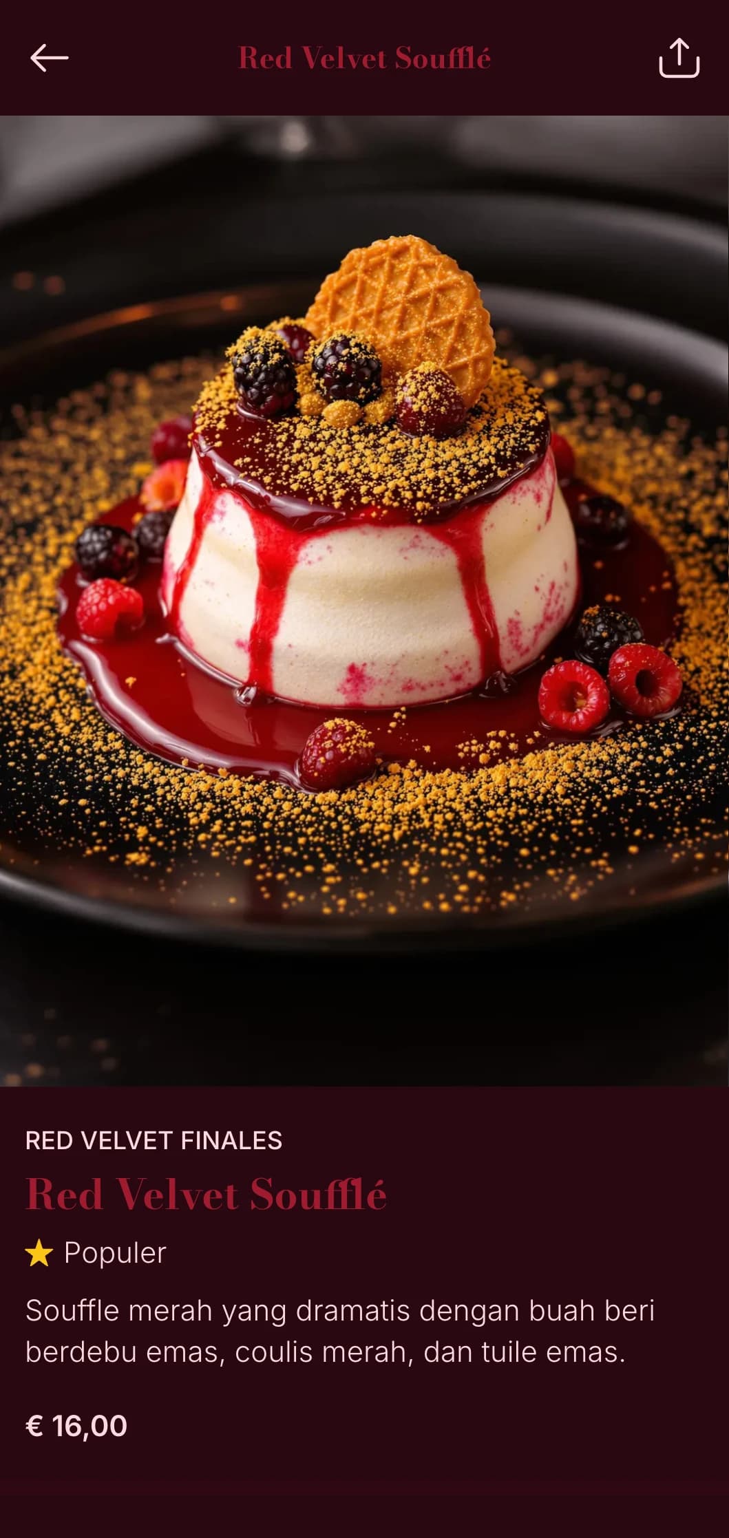 Konsep bersantap yang berani dan dramatis dengan warna merah tua dan tekstur mewah untuk pengalaman kuliner yang teatrikal.