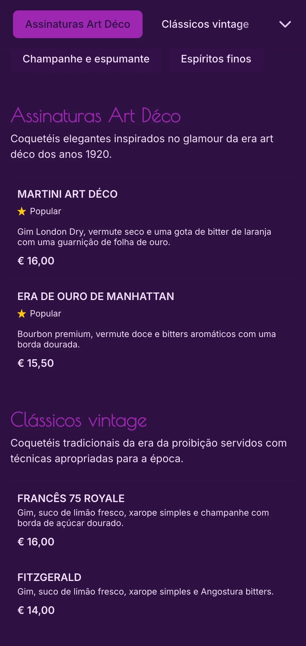 Design elegante em roxo e dourado inspirado na art déco dos anos 1920 para salões de coquetéis de luxo.