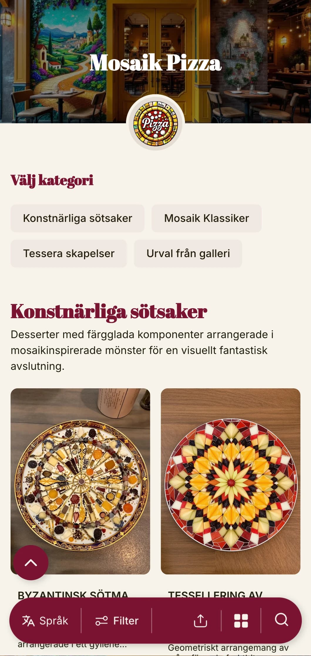 Färgglad, konstnärlig pizzameny inspirerad av italiensk mosaikkonst med livfulla inslag.