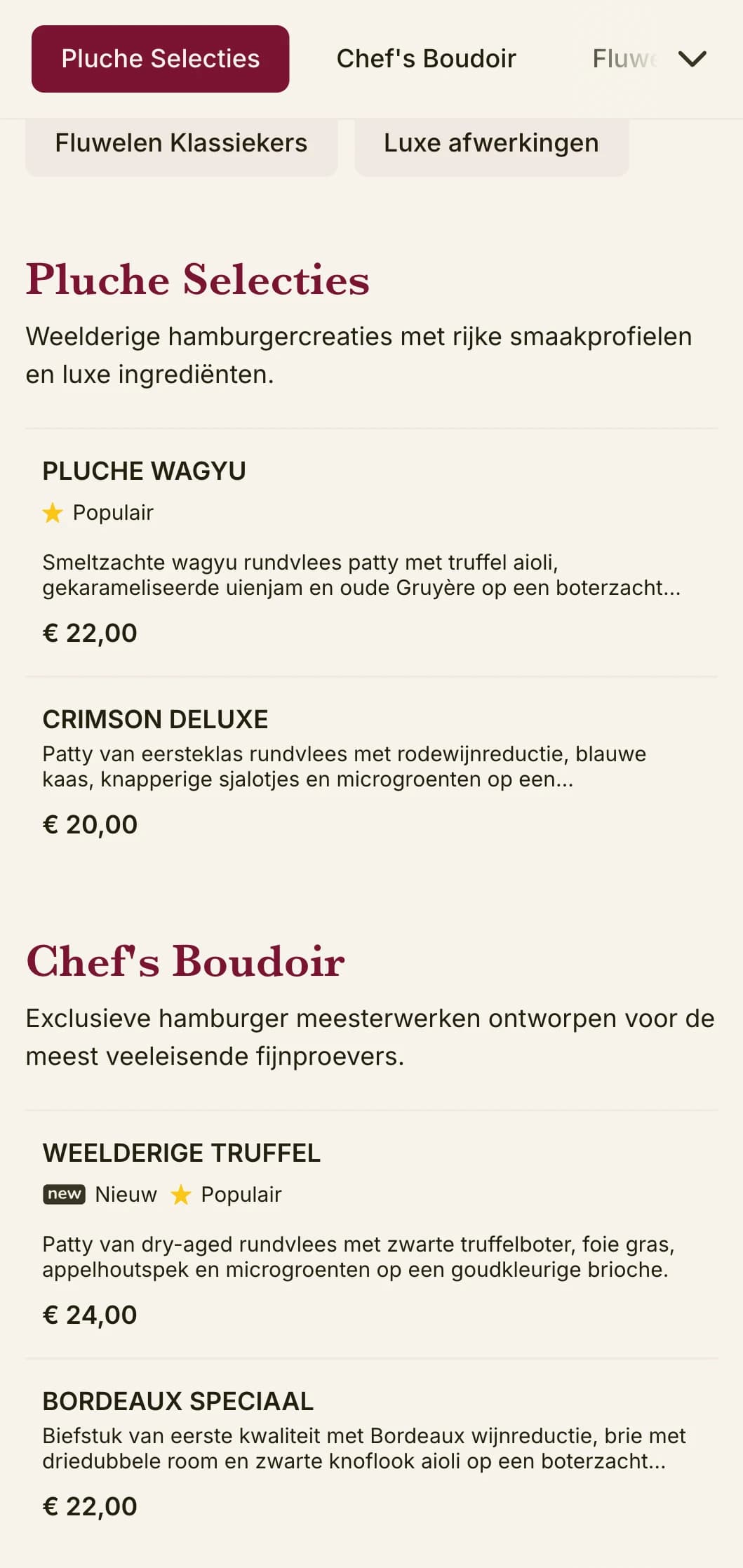 Pluche luxe burger lounge met rijke texturen en weelderige presentatie.