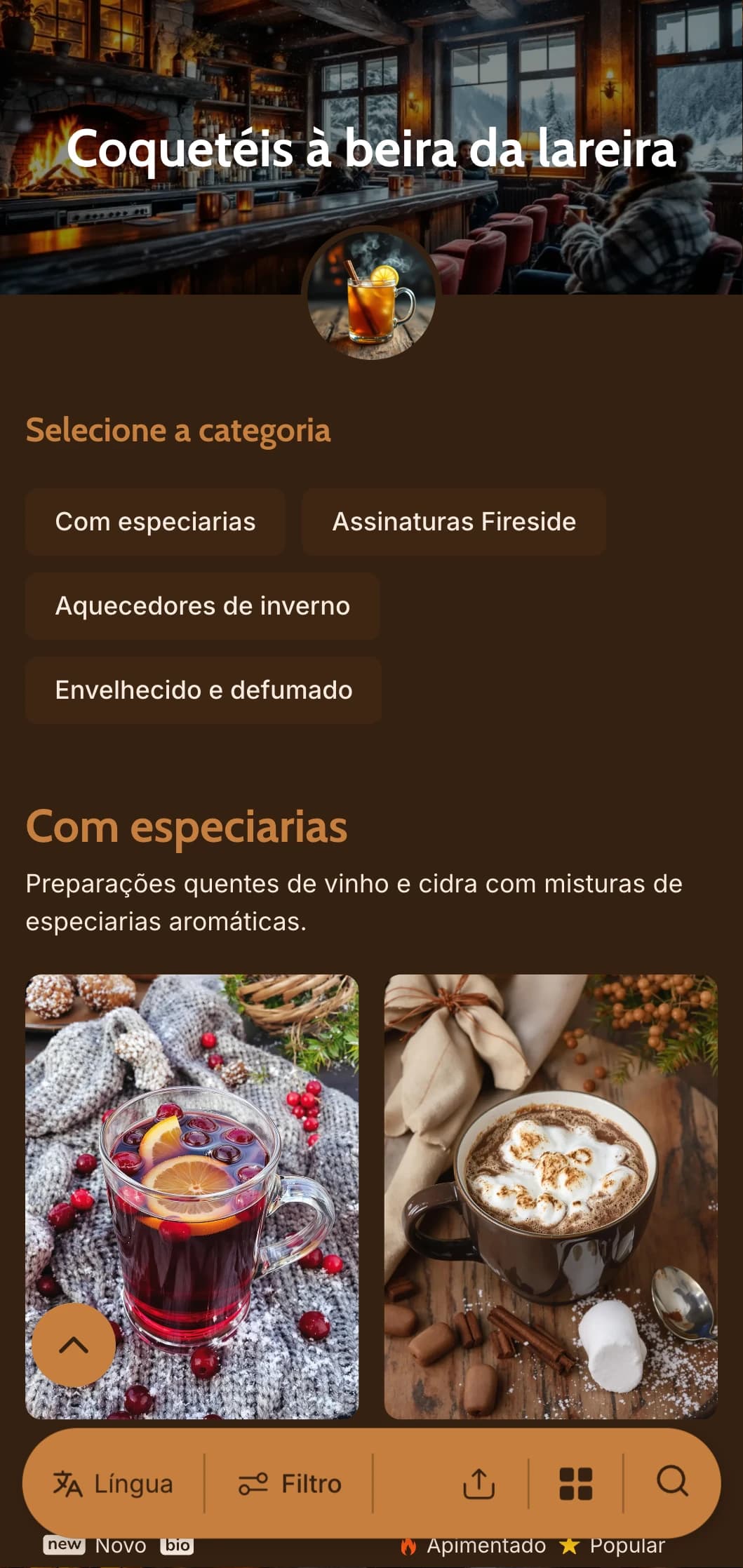 Tons quentes de âmbar e cobre inspirados na luz da lareira para bares aconchegantes de inverno.