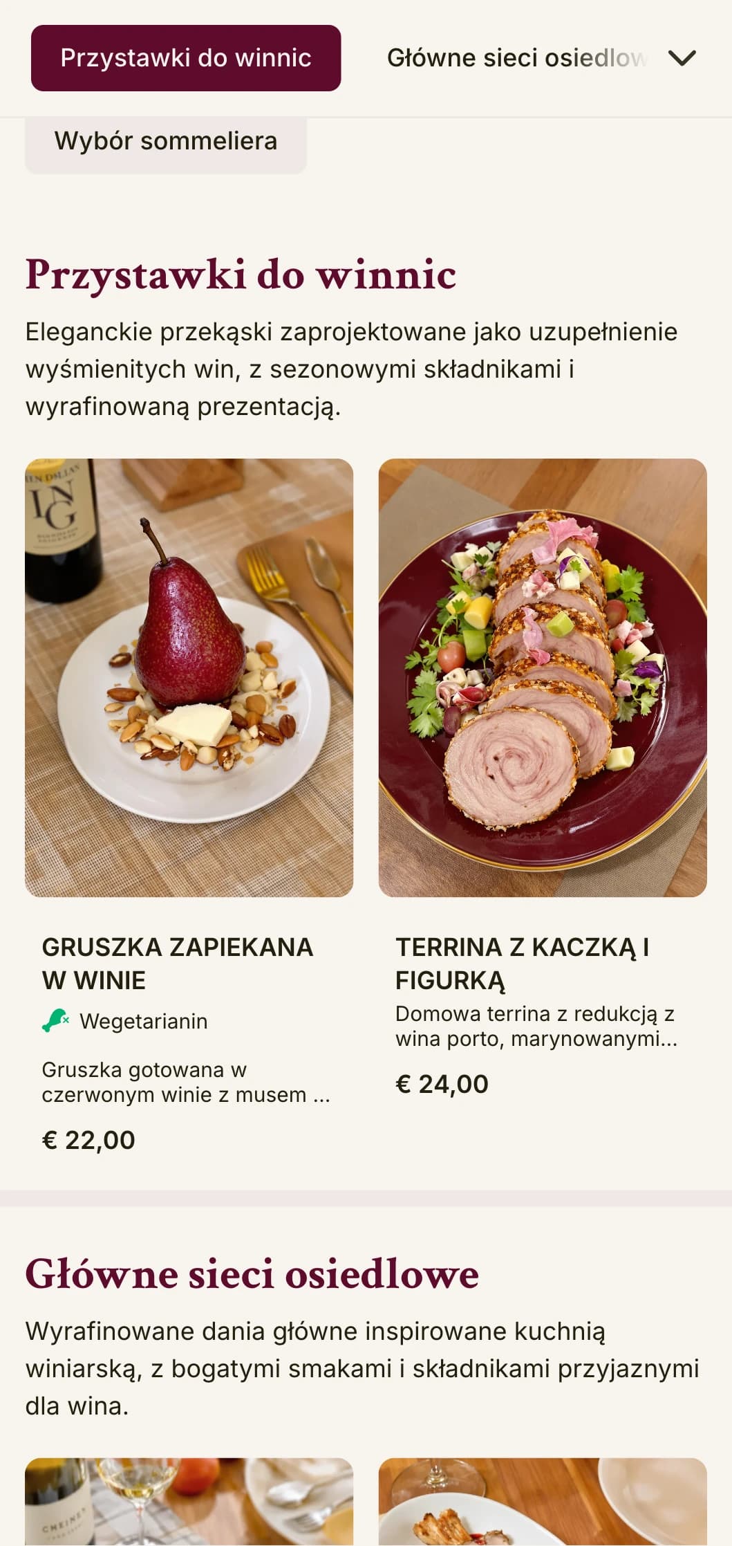 Wyrafinowane menu obiadowe z kolorami inspirowanymi winem i elegancką typografią, przeznaczone dla lokali z bogatym programem win.