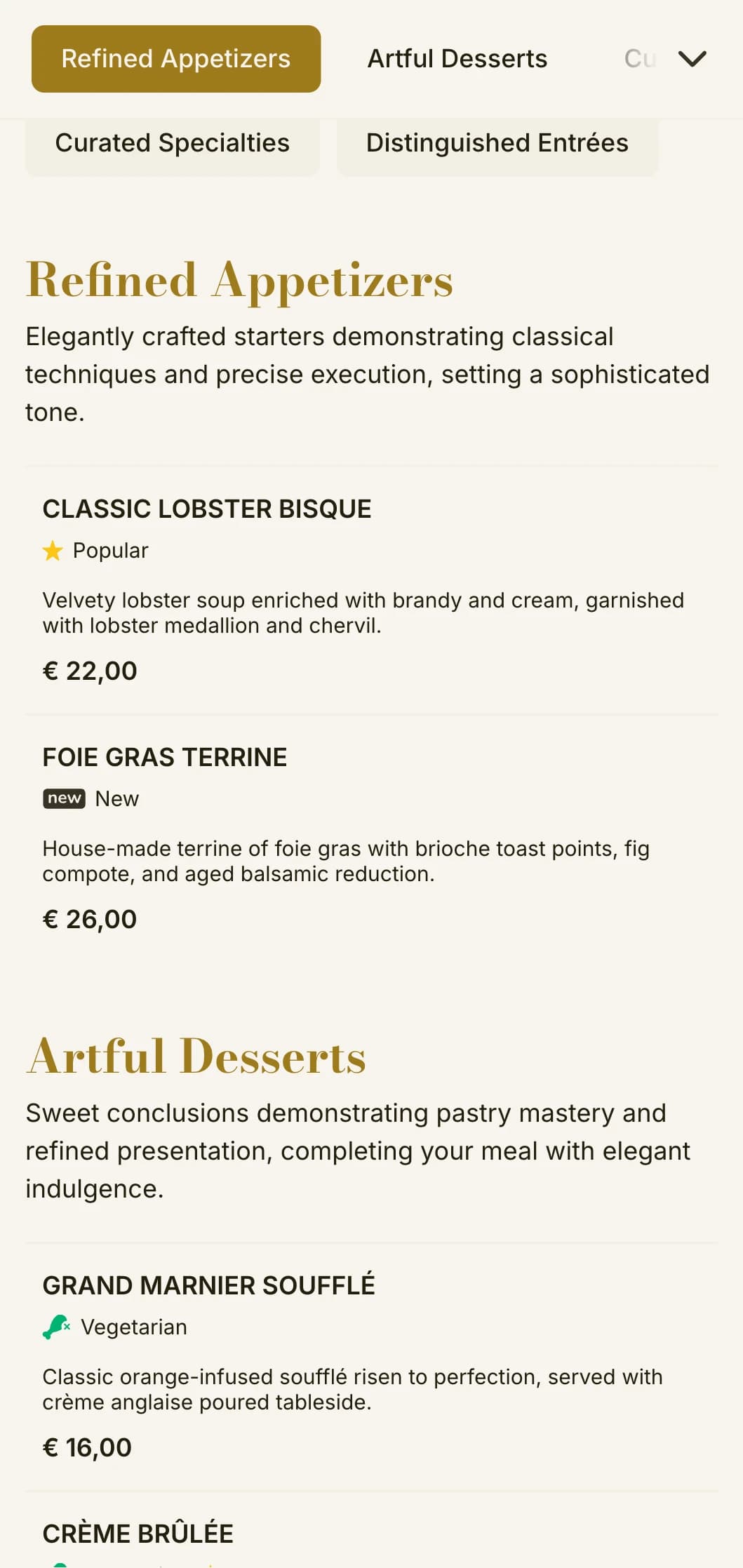 Refined, sophisticated lunch menu design with delicate typography and classical proportions, suited for upscale restaurants and fine dining establishments offering lunch service.