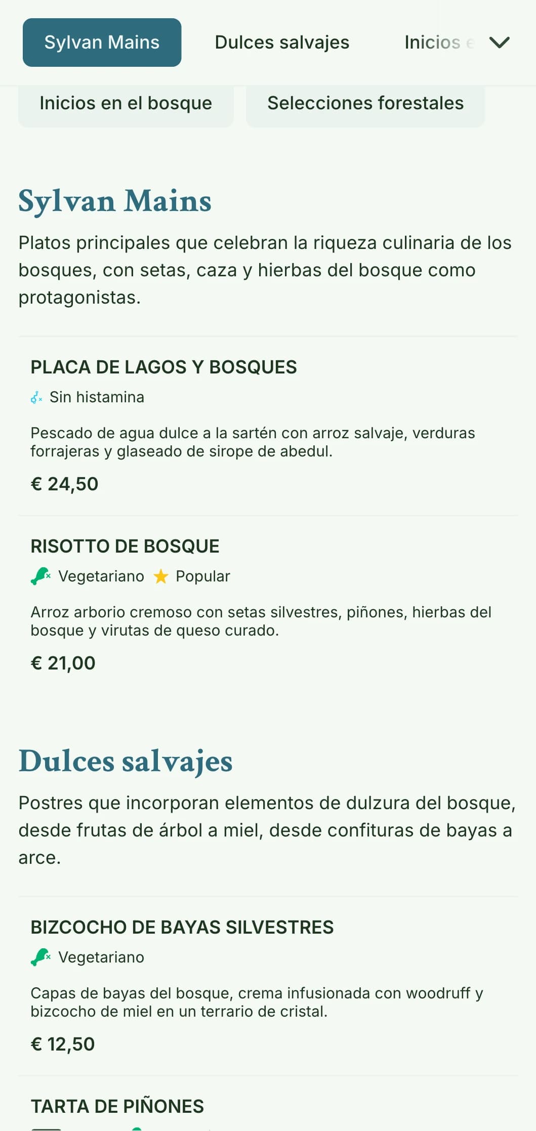 Diseño de menú de almuerzo sereno, inspirado en el bosque, con texturas orgánicas y tonos tierra, perfecto para restaurantes cercanos a entornos naturales y parques.