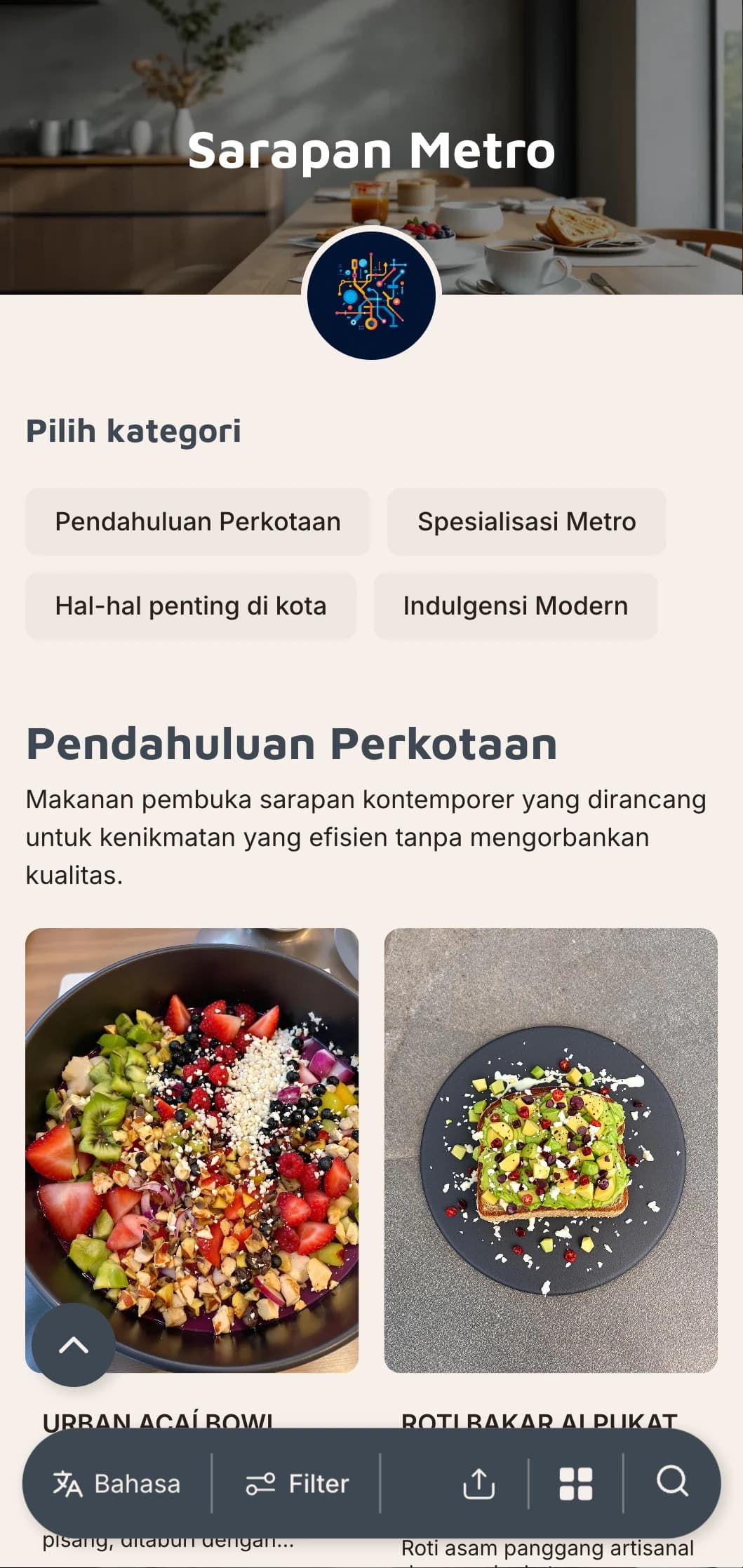 Hidangan pagi yang terinspirasi dari gaya urban dengan pengaruh internasional dan presentasi kontemporer untuk restoran kosmopolitan.