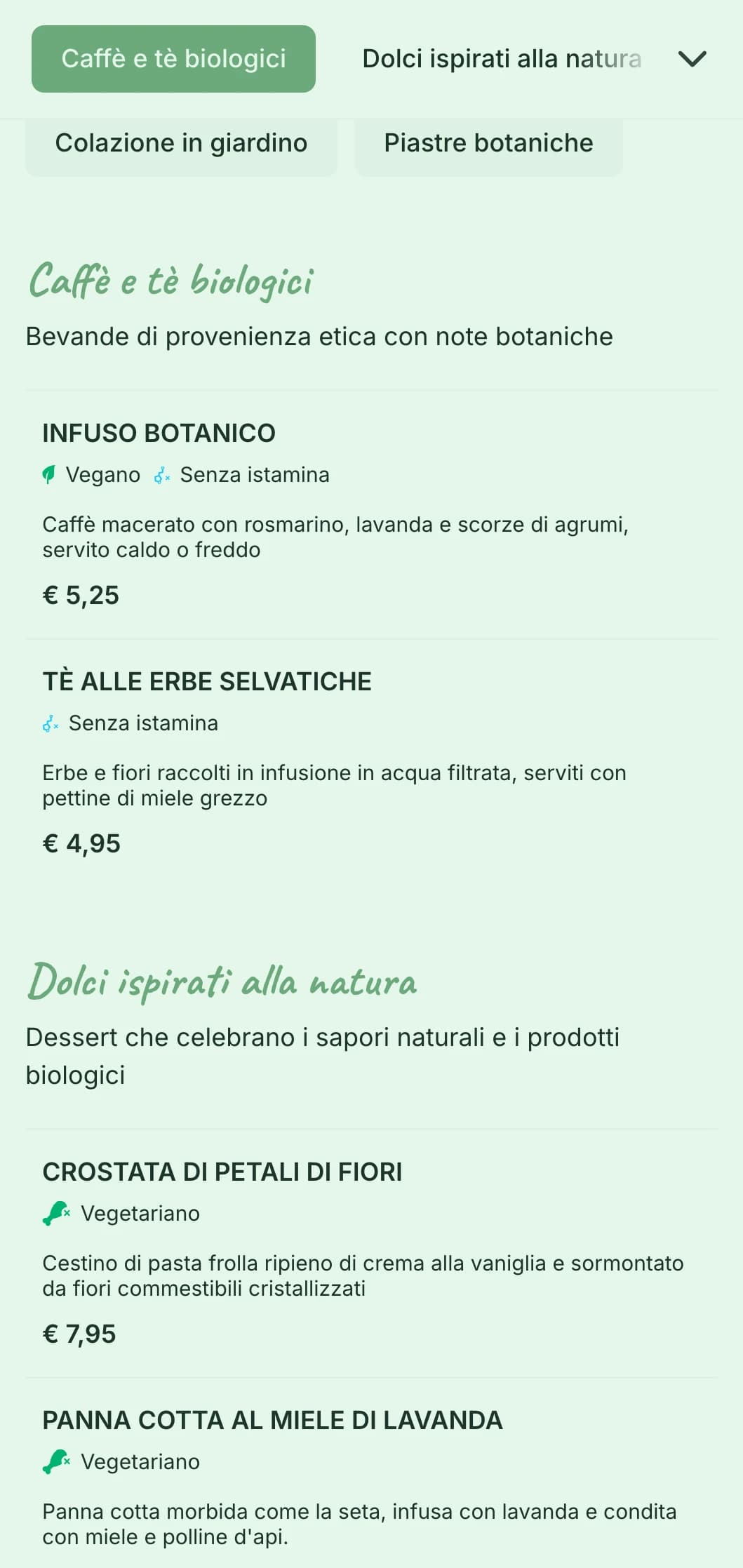 Design fresco a tema verde con elementi botanici per caffè con giardino e brunch biologici.