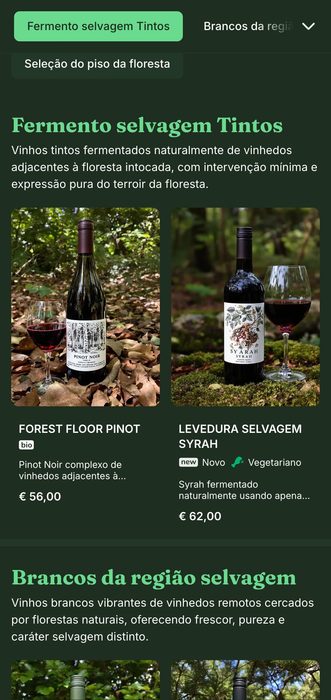 Modelo de carta de vinhos escura inspirada na natureza, com detalhes em verde vibrante e fundo de floresta, perfeita para restaurantes na floresta e bares de vinho rústicos.