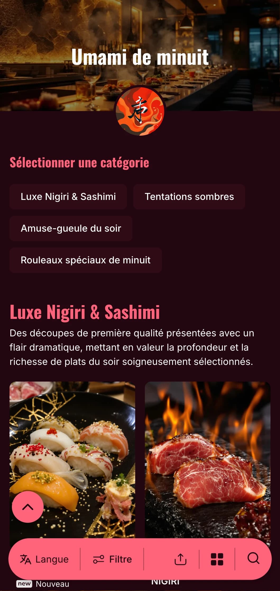 Une expérience luxueuse de sushi en fin de soirée avec des contrastes audacieux, avec un bordeaux riche et des accents vifs sur un fond profond.
