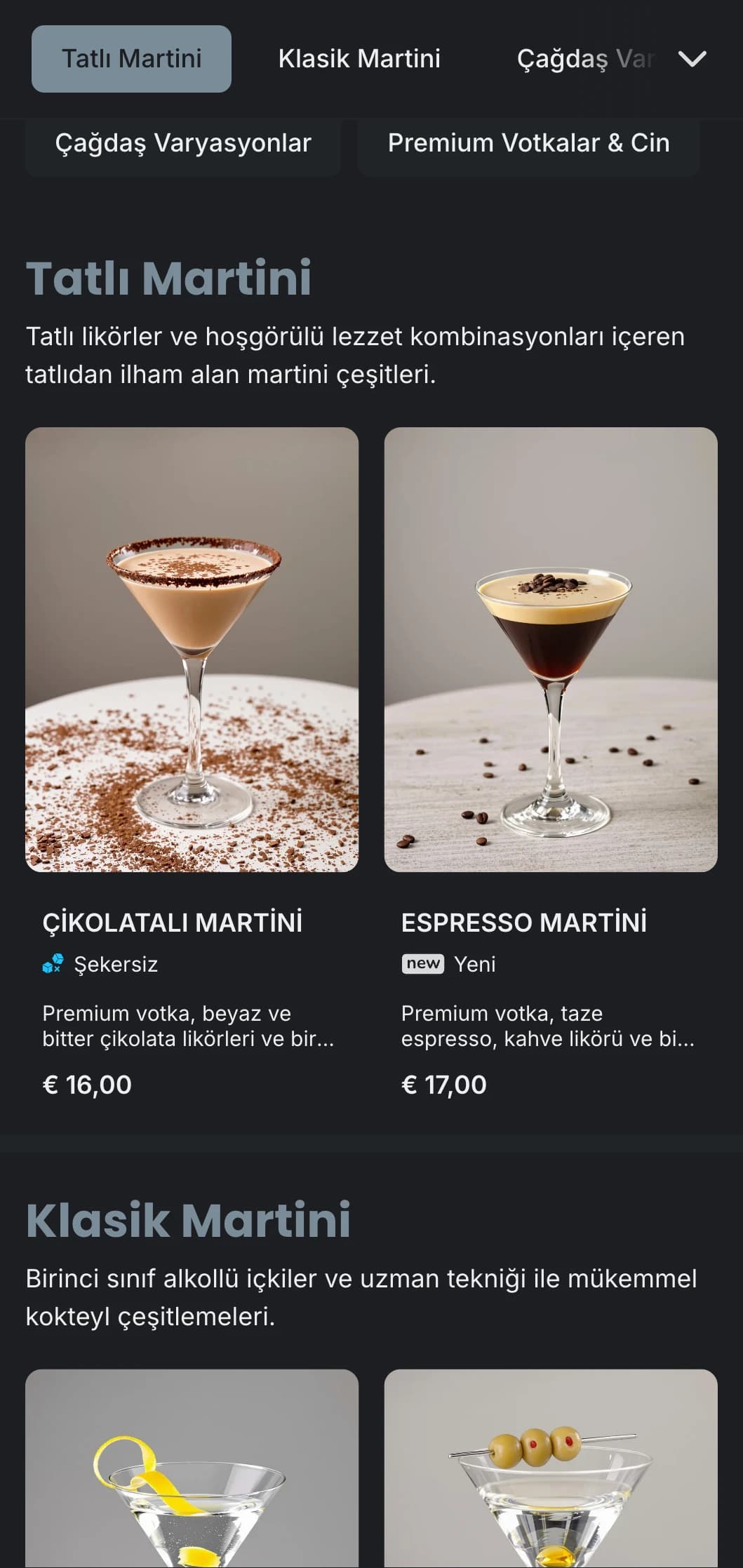 Şık tipografi ve soğuk gri tonlarıyla martini barları ve lounge'lar için sofistike, kentsel bir menü tasarımı.