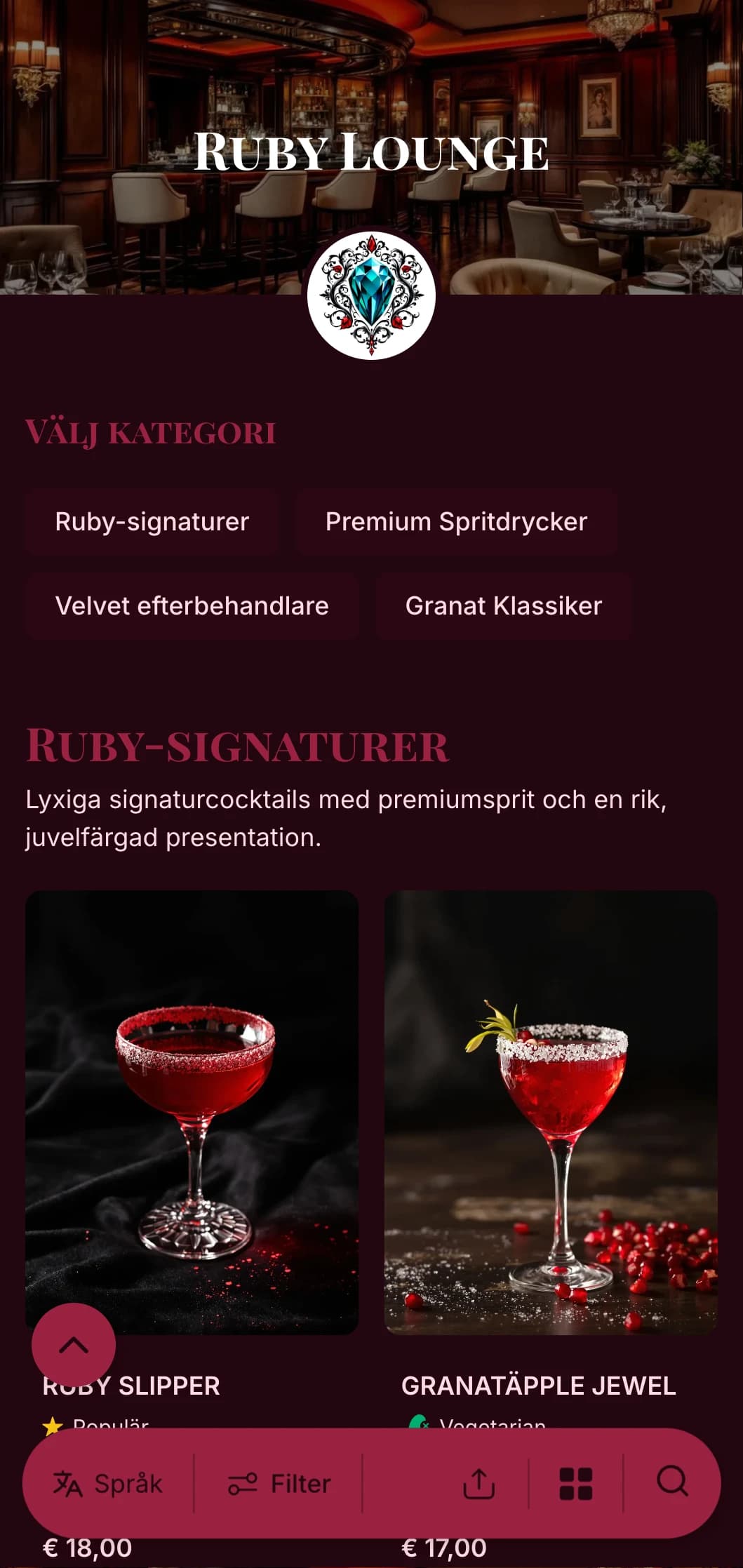 En lyxig, juvelfärgad design för exklusiva cocktailbarer och lounger med rika rubinfärgade accenter och elegant typografi.