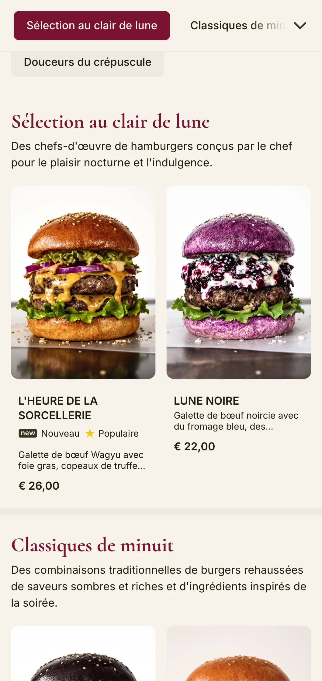 Salon de hamburgers haut de gamme de fin de soirée, à l'atmosphère sombre, veloutée et mystérieuse.