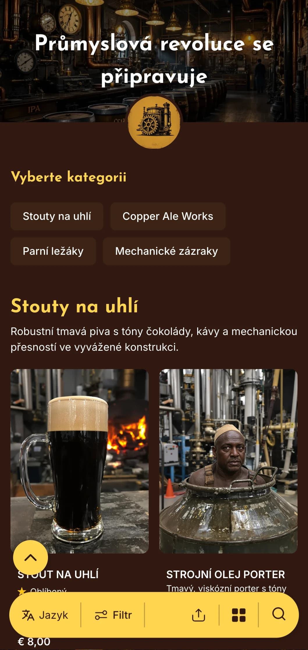 Industriální estetika poháněná párou s mosaznými akcenty a mechanickými prvky, ideální pro pivovary se steampunkovou tématikou.