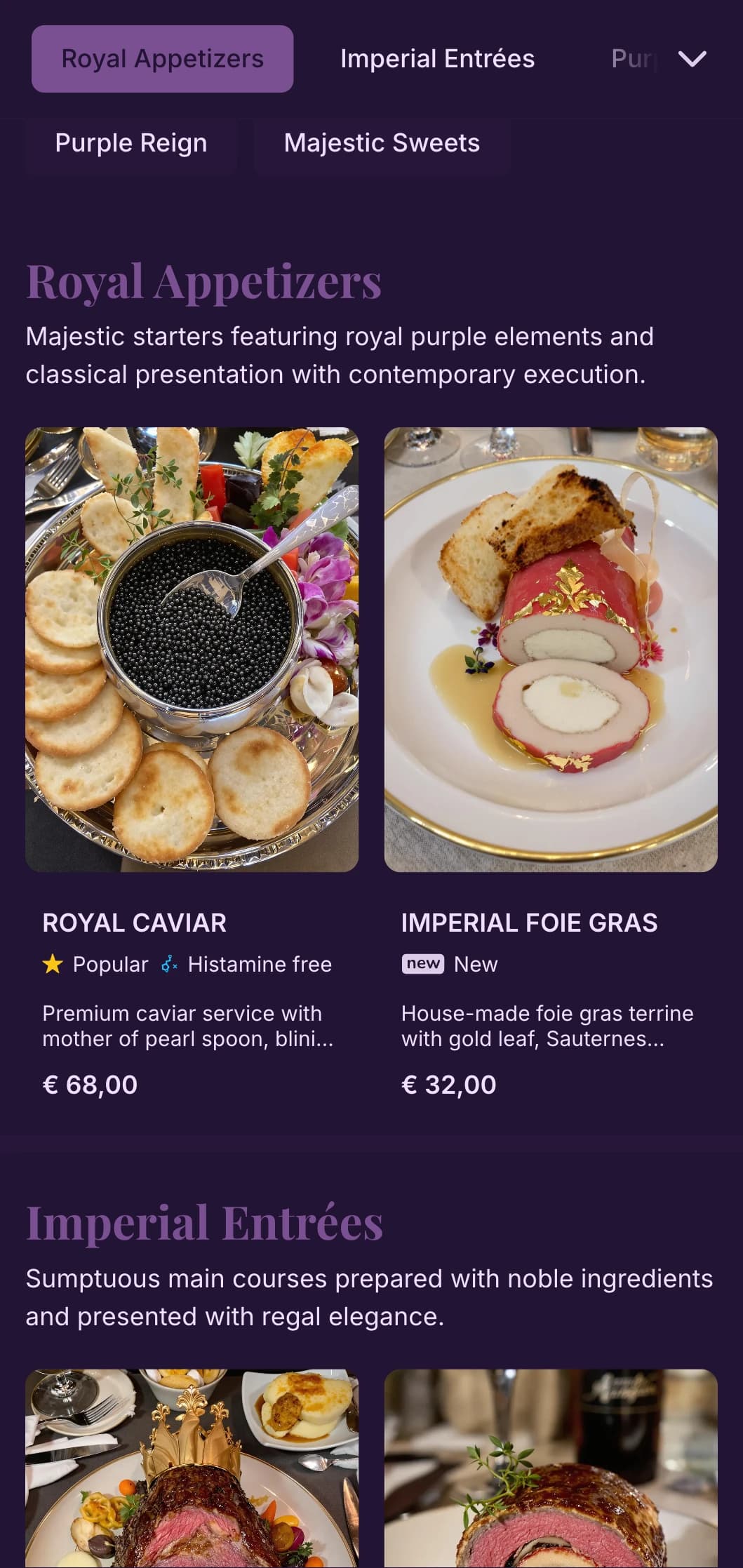 Majestic dining concept with royal purple tones and contemporary luxury elements for a noble experience.