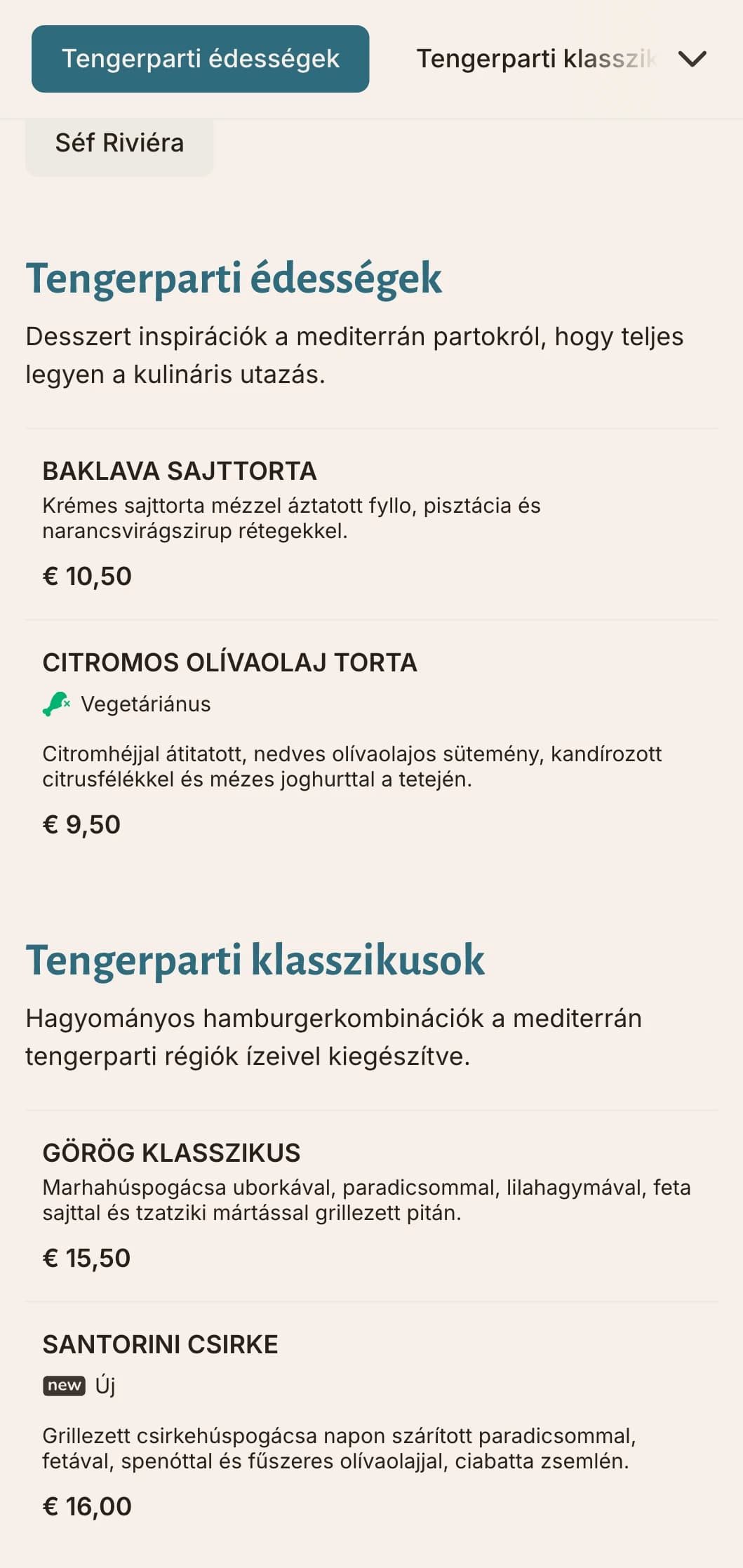 Tengerparti ihletésű burgermenü mediterrán kék akcentussal és friss alapanyagokkal.