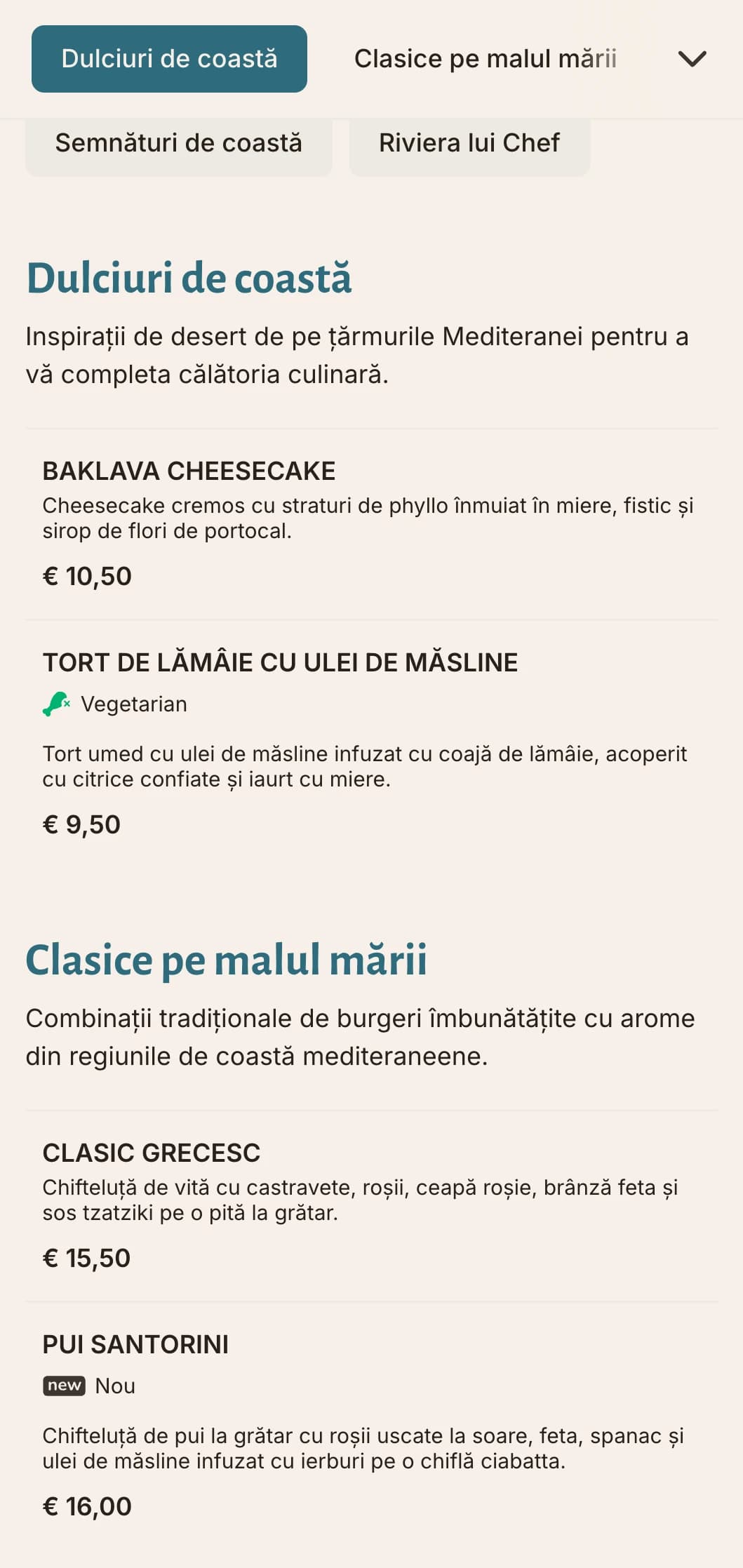 Meniu de burger inspirat de coastă, cu accente albastre mediteraneene și ingrediente proaspete.