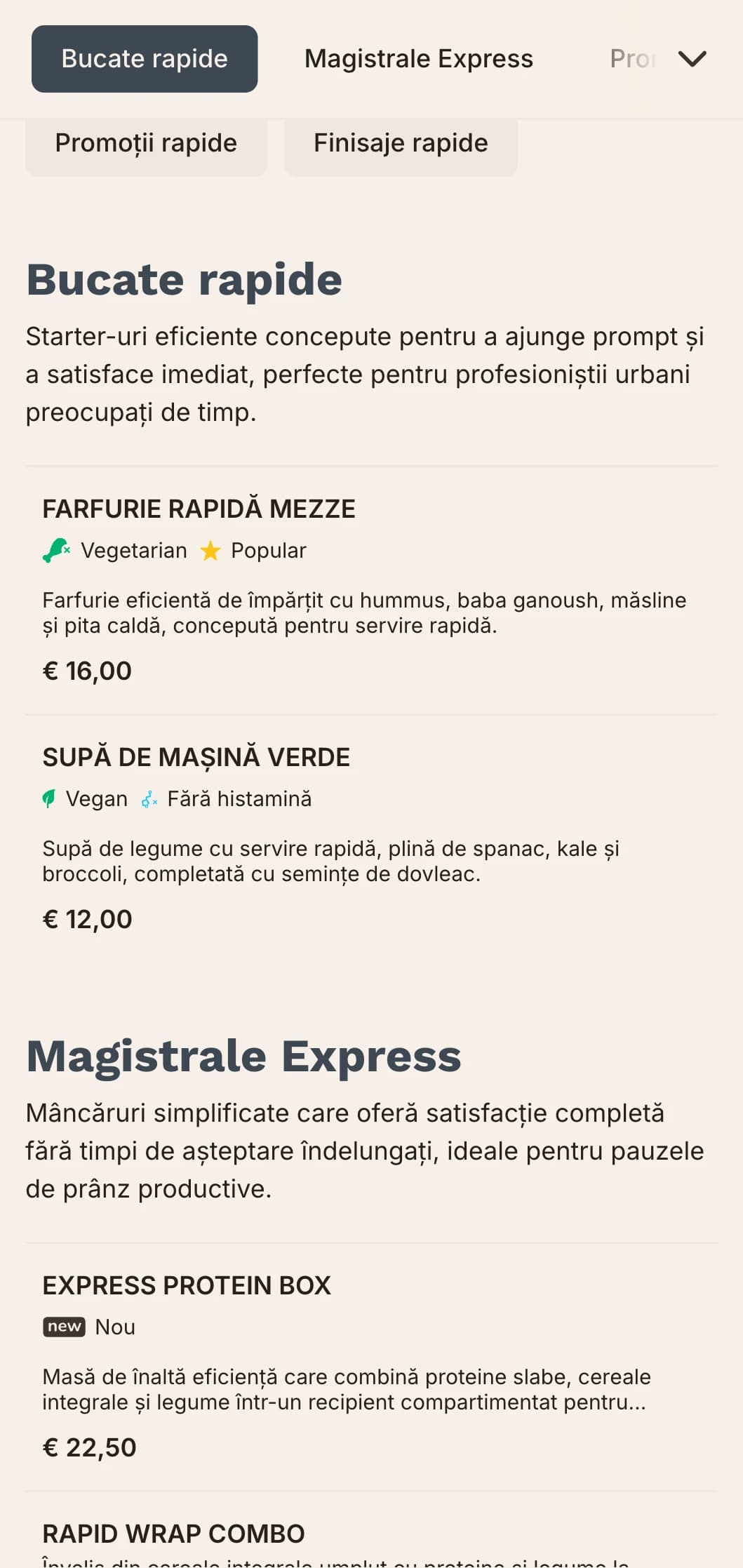 Design eficient, de inspirație urbană pentru meniul de prânz, cu tipografie îndrăzneață și organizare clară, ideal pentru restaurantele urbane aglomerate care servesc profesioniști care lucrează și care au timp limitat pentru prânz.