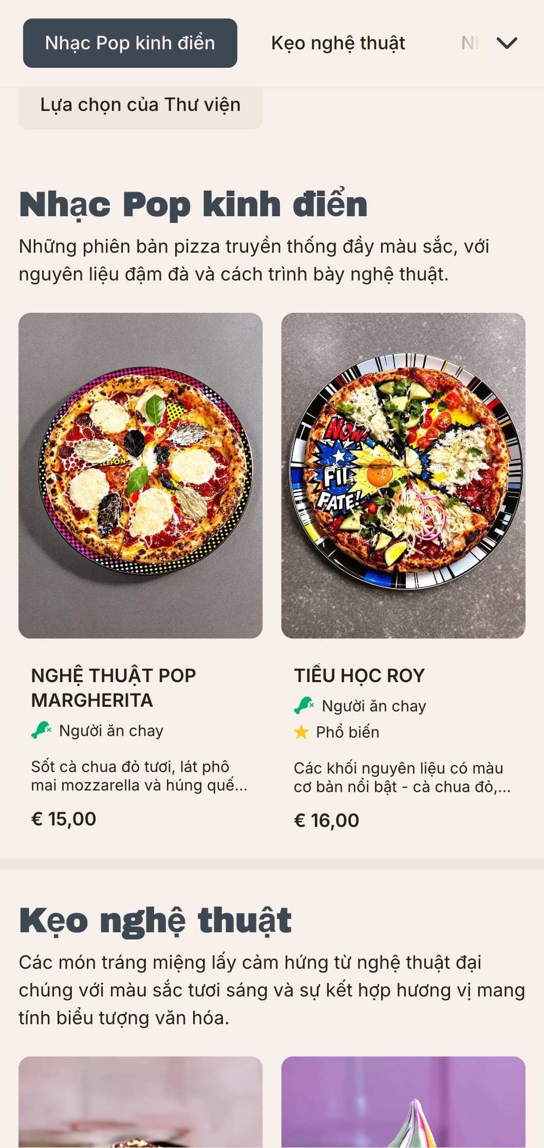 Thực đơn pizza lấy cảm hứng từ Andy Warhol với các yếu tố nghệ thuật đại chúng và phong cách thẩm mỹ cổ điển - hiện đại.