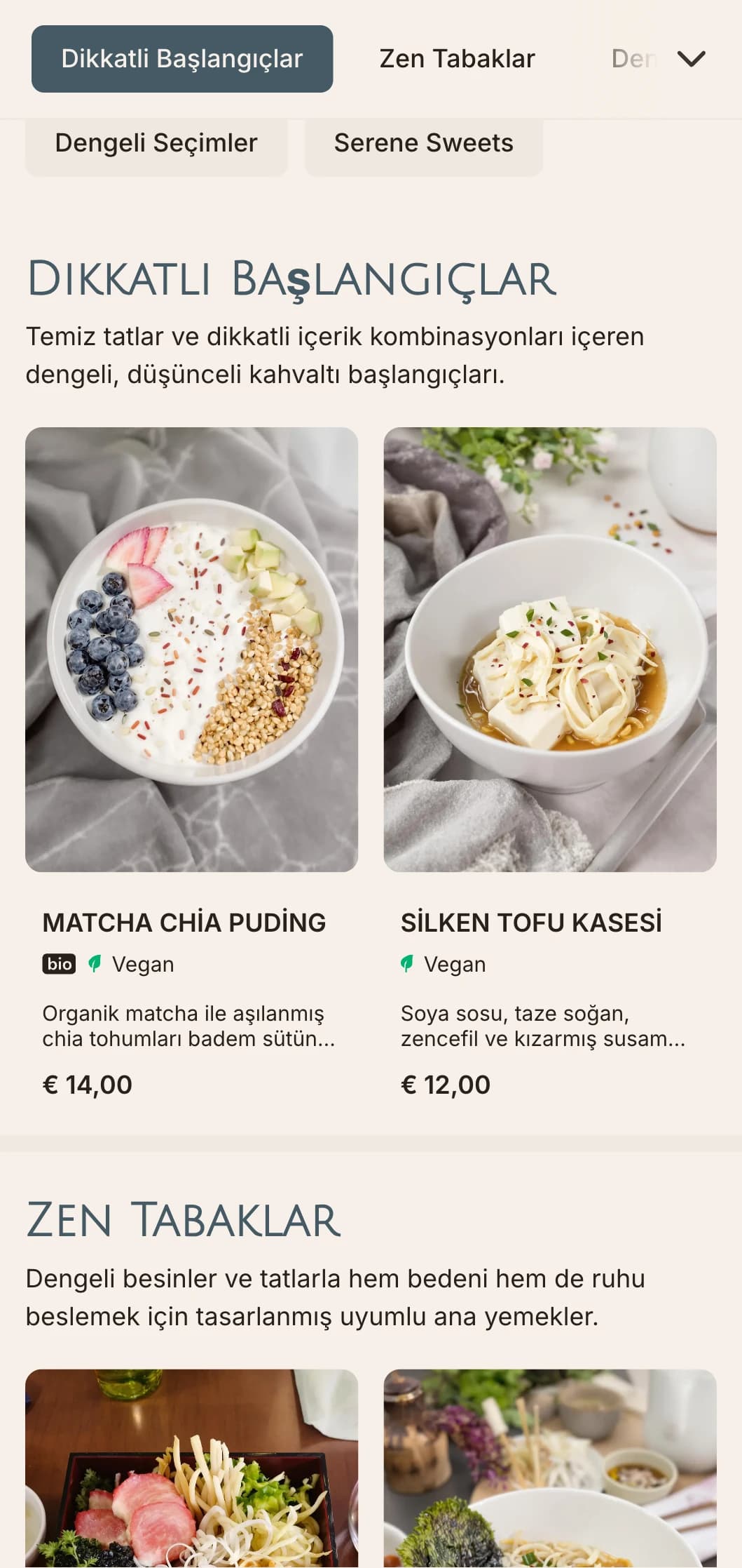 Asya esintileri taşıyan sakin, dengeli brunch şablonu, matcha ve bilinçli yemek deneyimleri sunan sağlıklı yaşam kafeleri için uygundur.