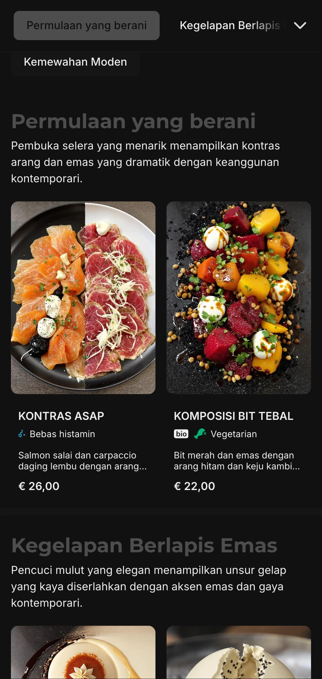 Konsep kontemporari yang berani menggabungkan rona arang dalam dengan aksen emas yang mewah.