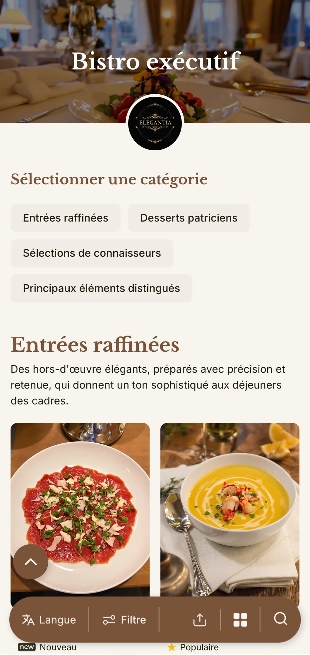Un menu sophistiqué pour le déjeuner, avec une typographie raffinée et un espacement élégant, conçu pour les hôtels-restaurants haut de gamme et les salles à manger de direction servant des professionnels.