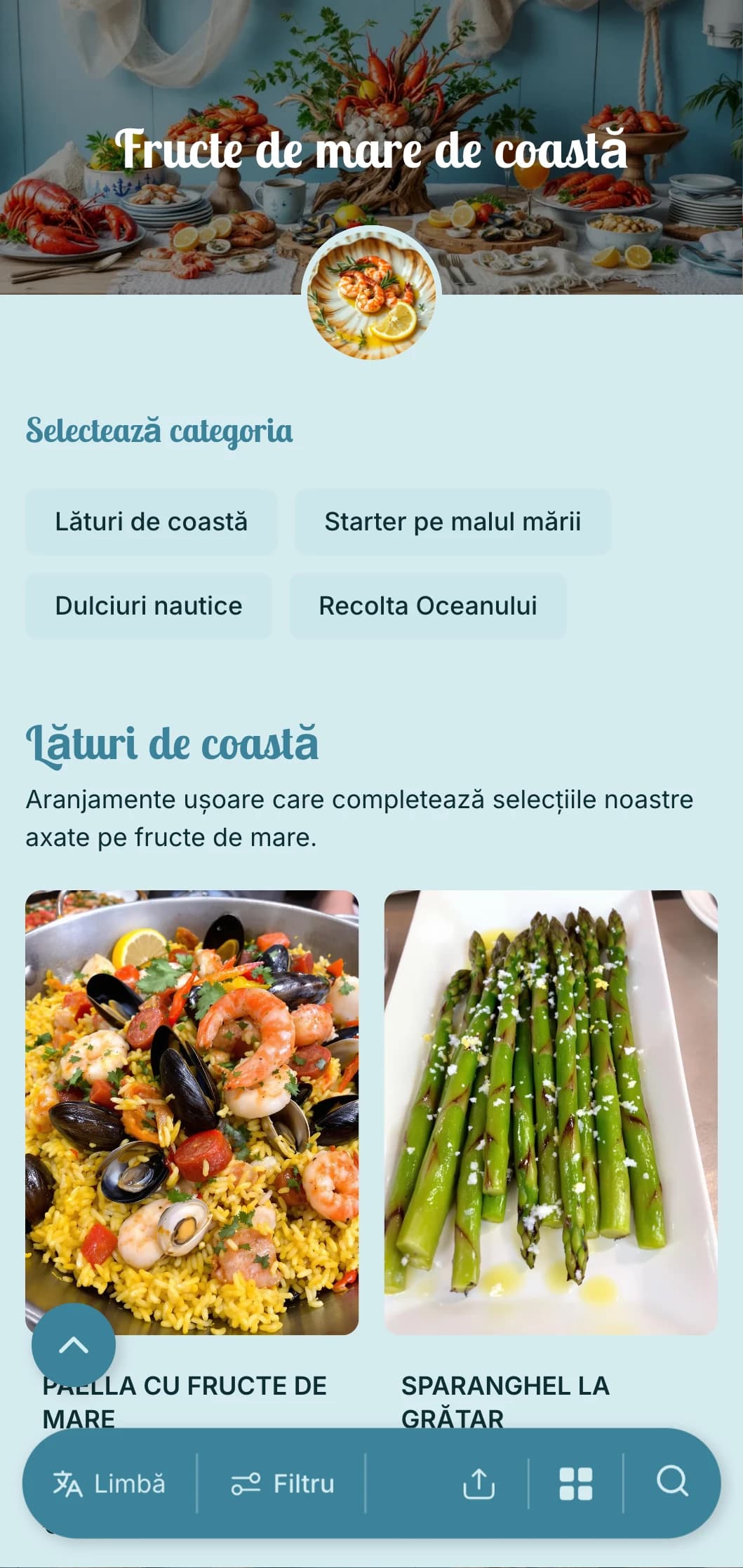Catering axat pe fructe de mare proaspete, cu capturi oceanice, elemente nautice și prezentare de coastă pentru evenimente pe plajă și iubitori de fructe de mare.