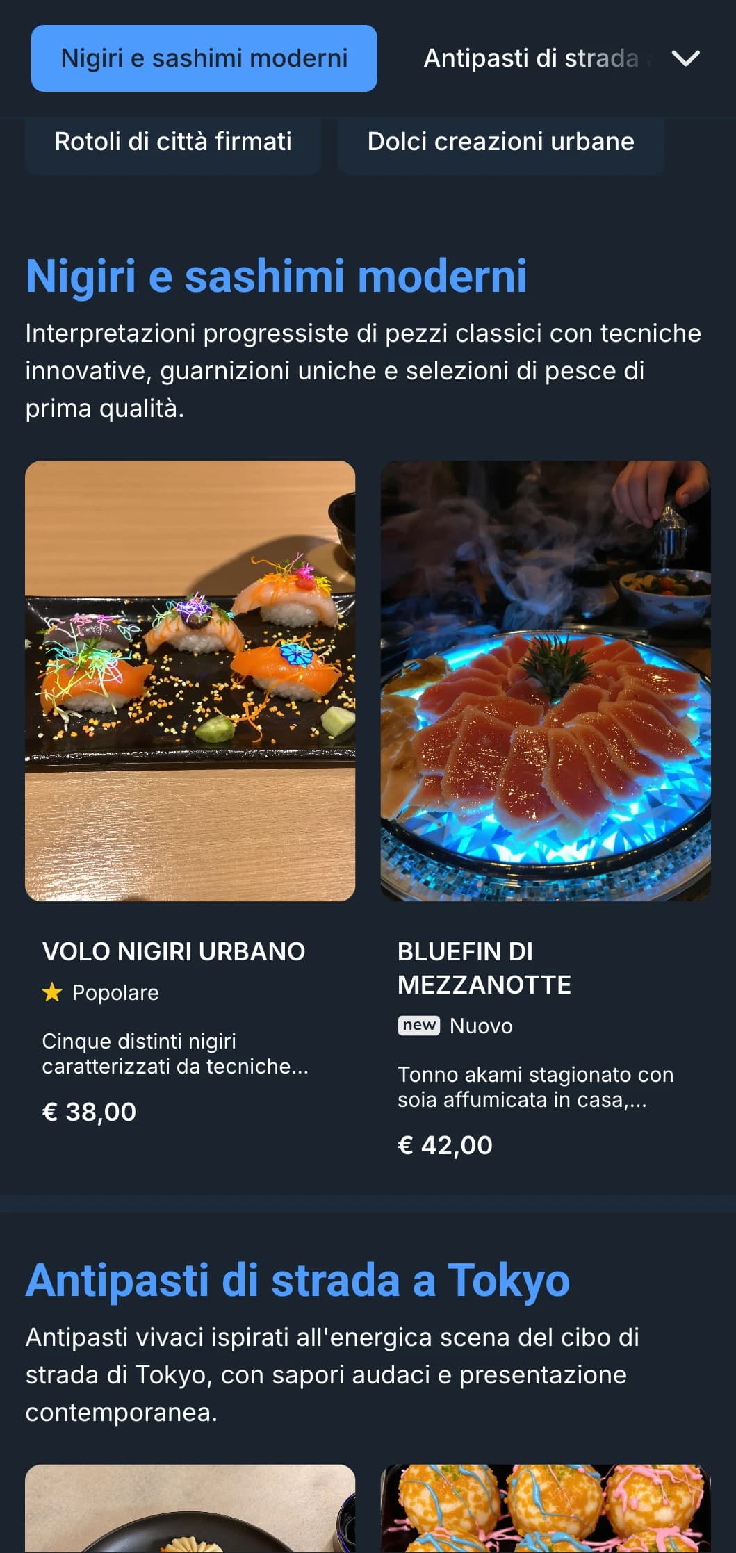 Un menu di sushi audace e contemporaneo con un'estetica di ispirazione notturna, caratterizzata da accenti blu vibranti su sfondi di carbone profondo.