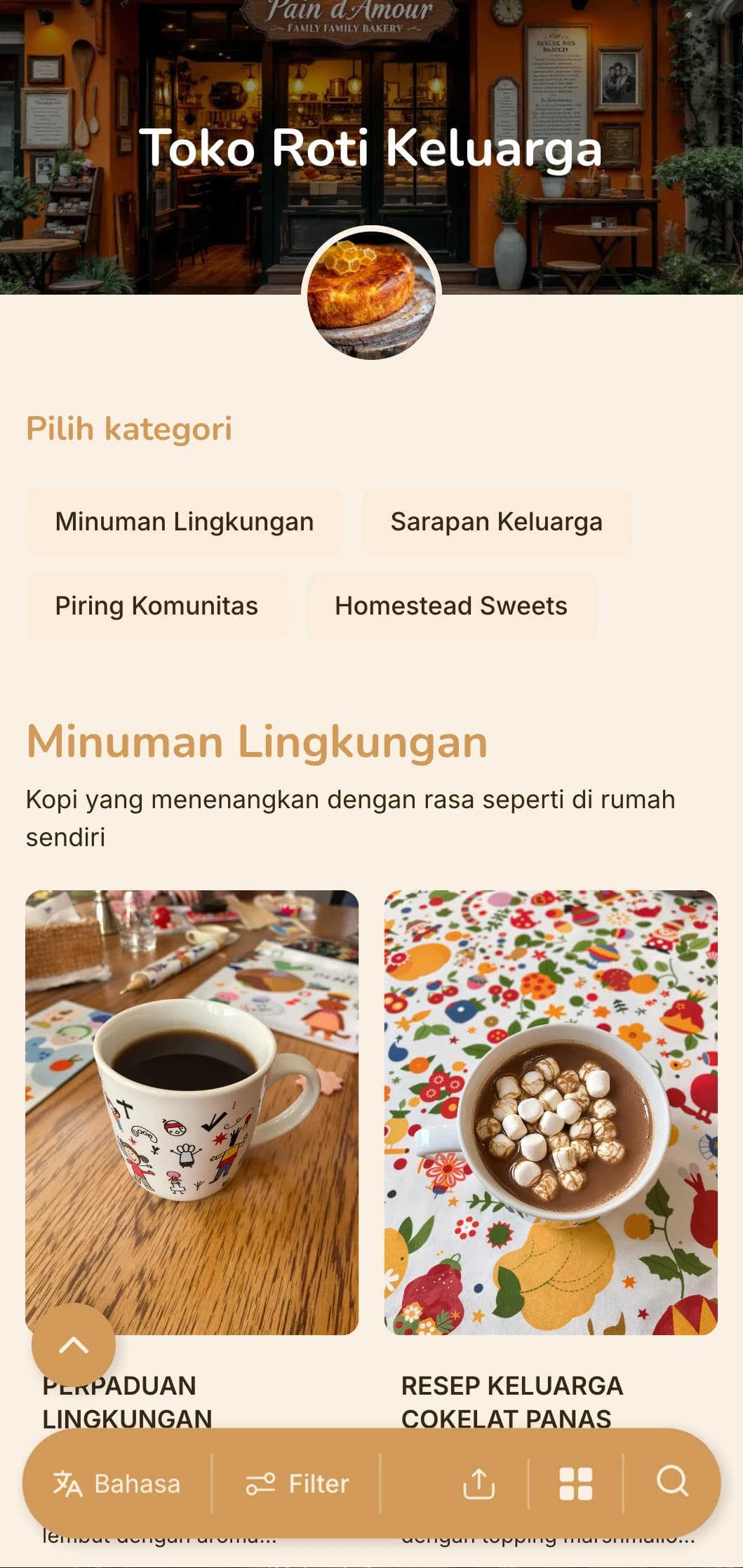 Desain oranye hangat dengan elemen yang nyaman untuk toko roti yang dikelola keluarga dan kafe di lingkungan sekitar.