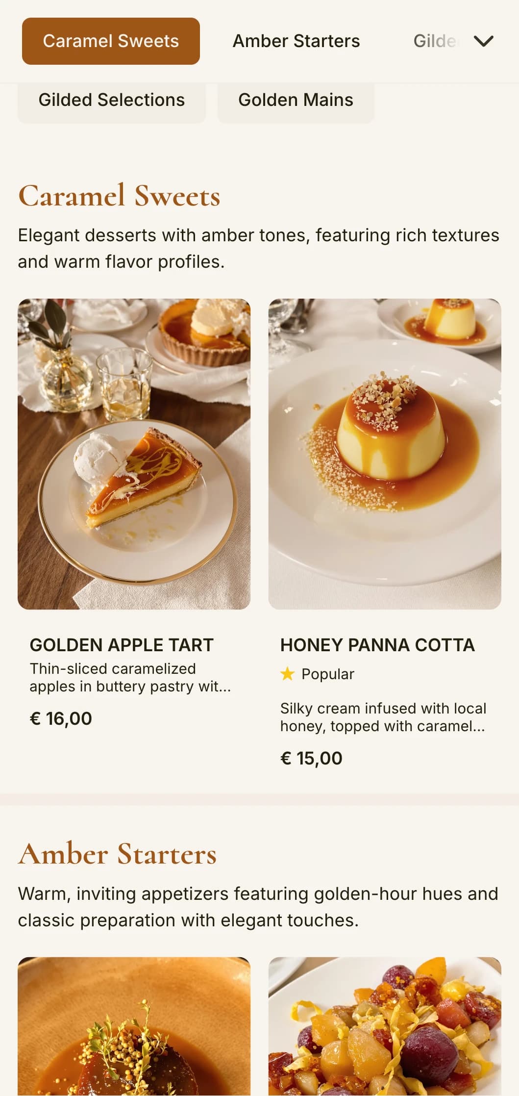 A warm, amber-toned dinner menu with classic design elements, perfect for establishments with a golden-hour ambiance.