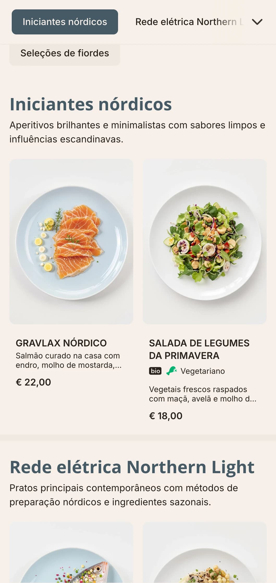 Um menu de jantar claro e limpo com influências escandinavas e detalhes em azul claro, perfeito para a culinária de inspiração nórdica.