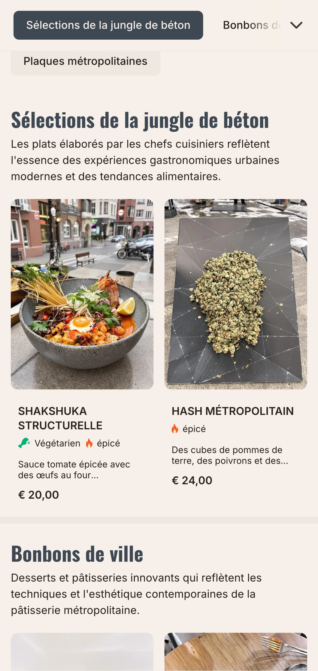 Modèle de brunch urbain audacieux aux influences architecturales, parfait pour les cafés du centre-ville et les restaurants modernes.