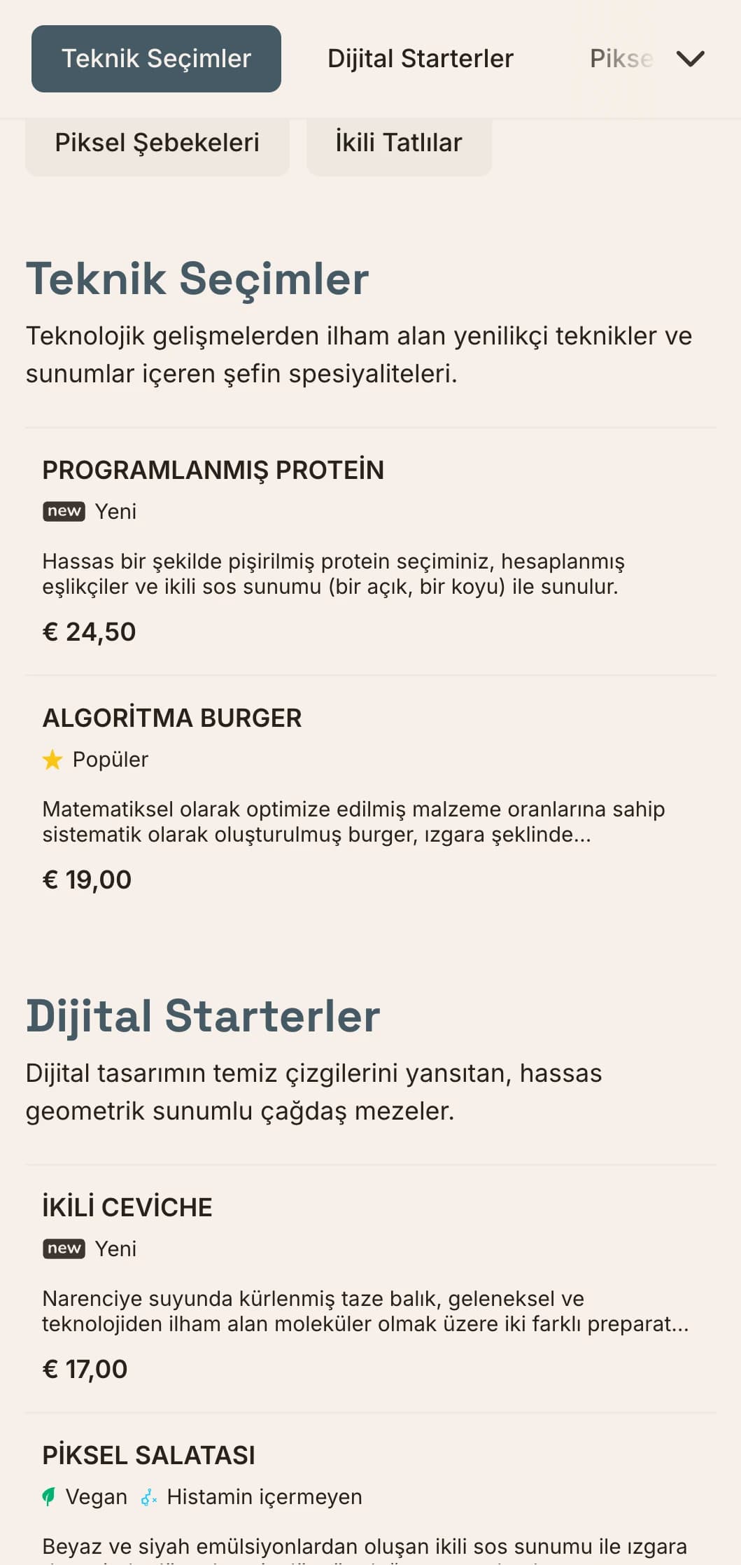 Teknoloji estetiğine ve hassas ızgara düzenine sahip, inovasyon bölgelerindeki ve teknoloji şirketlerinin yakınındaki restoranlar için mükemmel, dijital esintili öğle yemeği menüsü tasarımı.