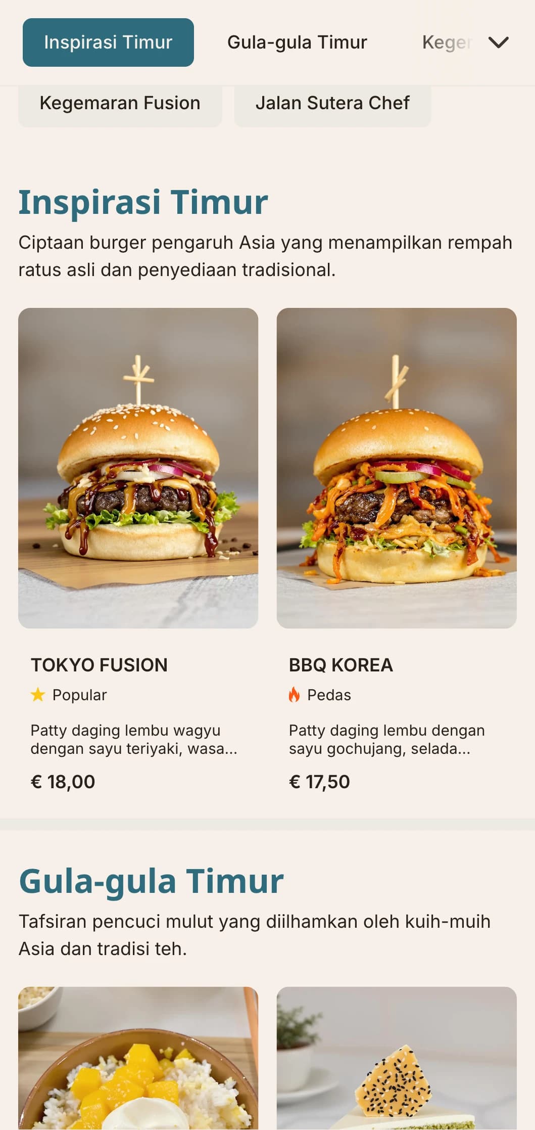 Gabungan burger Timur bertemu Barat dengan perisa berinspirasikan Asia dan persembahan kontemporari.