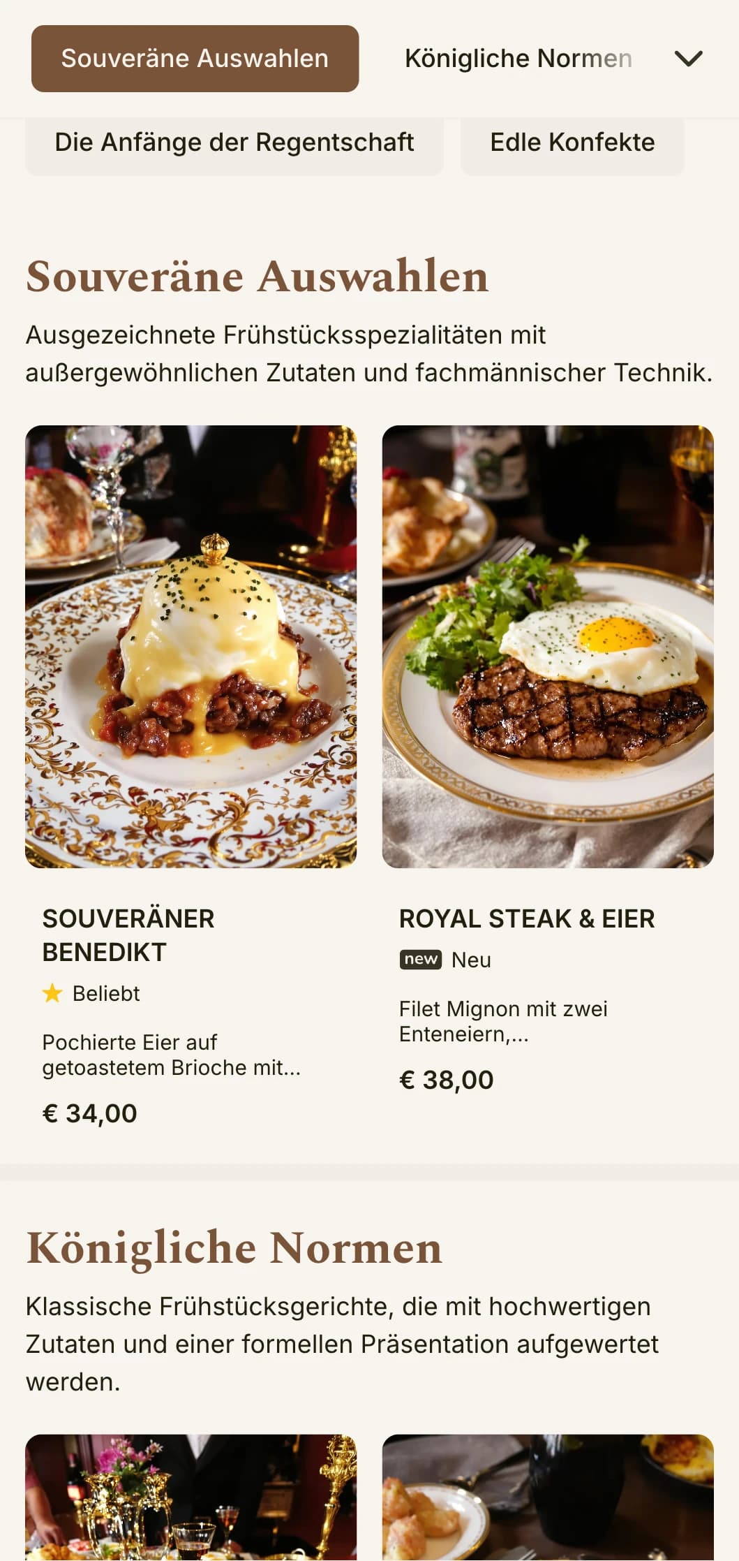 Anspruchsvolle Morgengerichte, inspiriert von der Küche der Luxushotels, präsentiert mit eleganter Formalität und hochwertigen Zutaten.