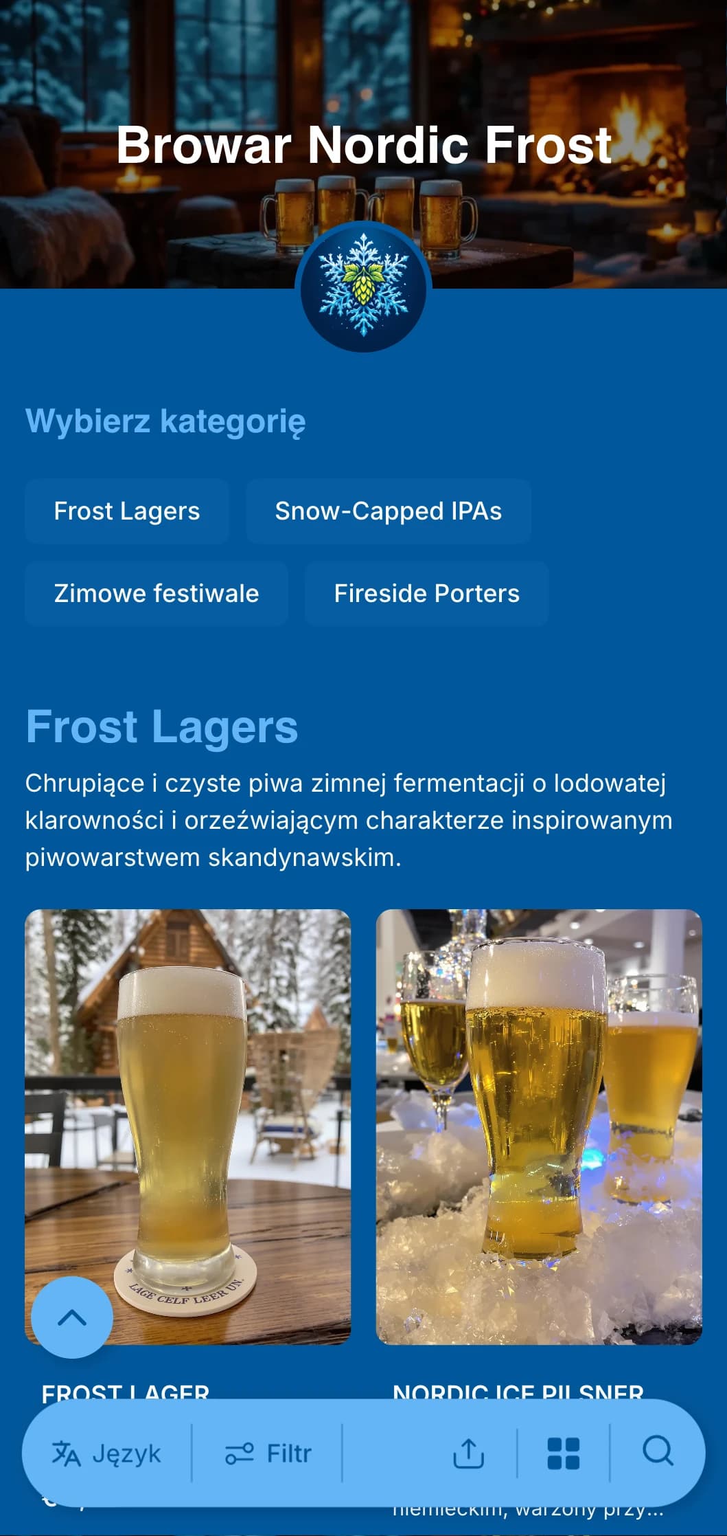 Chłodny i rześki zimowy motyw z lodowatymi niebieskimi odcieniami i akcentami płatków śniegu, idealny do zimowego sezonowego menu piwa.