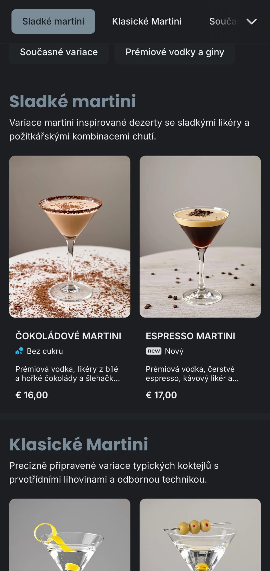 Sofistikovaný městský design menu pro martini bary a salonky s elegantní typografií a chladnými šedými tóny.