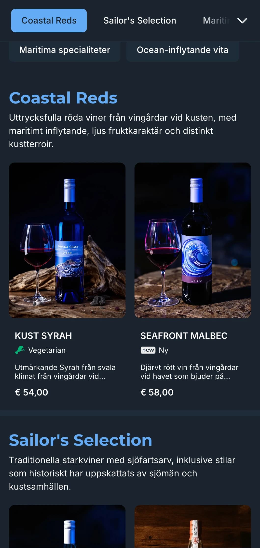 Medelhavsinspirerad mall för mörk vinlista med livfulla blå accenter, perfekt för kvällsöppna kustrestauranger och vinupplevelser vid havet.