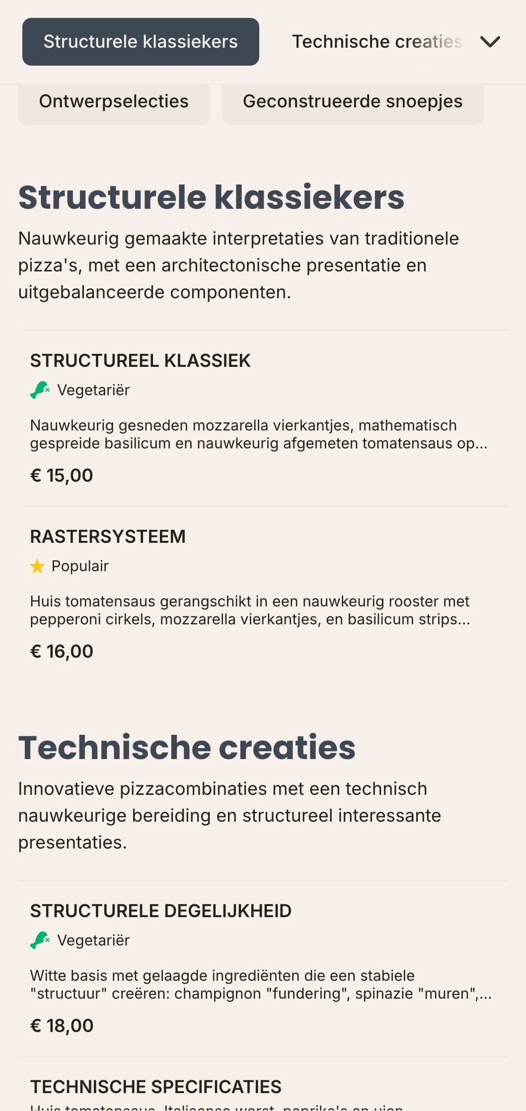 Op architectuur geïnspireerd pizzamenu met nauwkeurige lay-out en technische esthetiek.