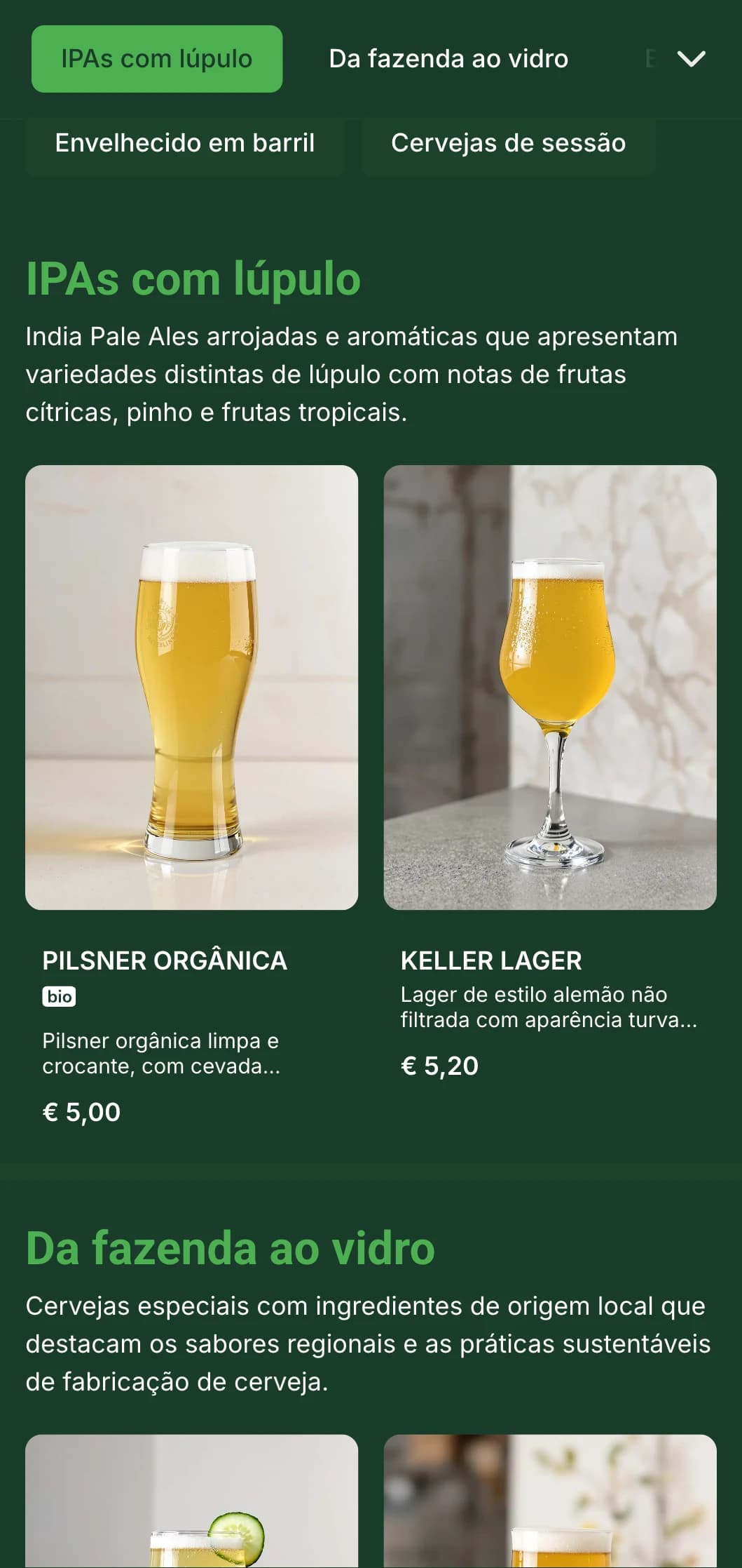 Design moderno e limpo para cervejarias e jardins de cerveja contemporâneos, com toques botânicos e uma paleta de cores frescas que destacam os ingredientes da cerveja.