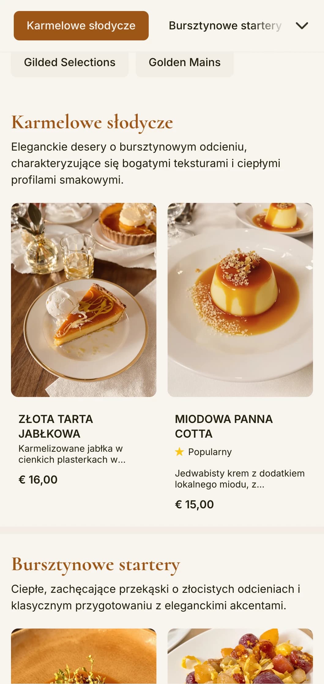 Menu obiadowe w ciepłej, bursztynowej tonacji z klasycznymi elementami wystroju, idealne do lokali, w których panuje atmosfera złotej godziny.