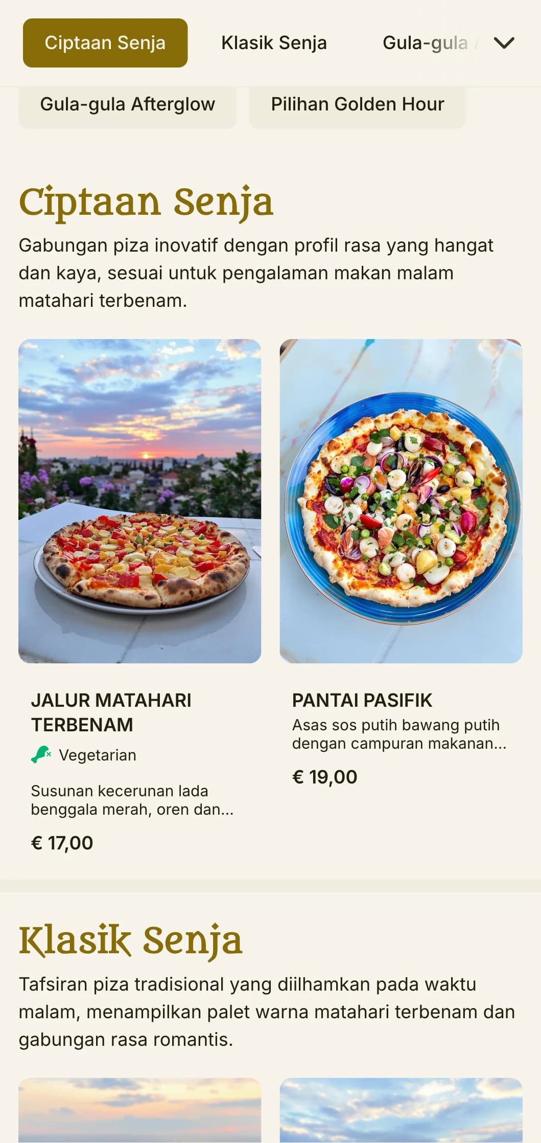 Menu piza bertema malam yang meriah dengan palet warna matahari terbenam dan unsur romantis.