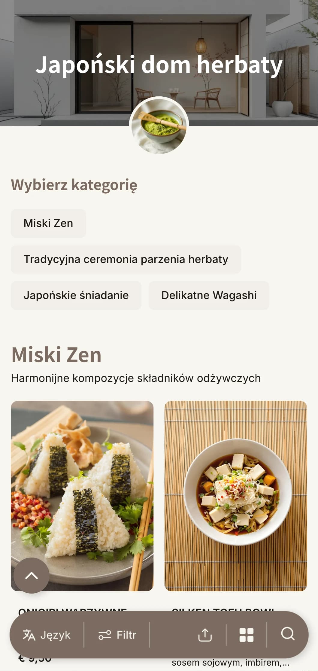 Minimalistyczny design inspirowany japońską estetyką dla herbaciarni i kawiarni zen.