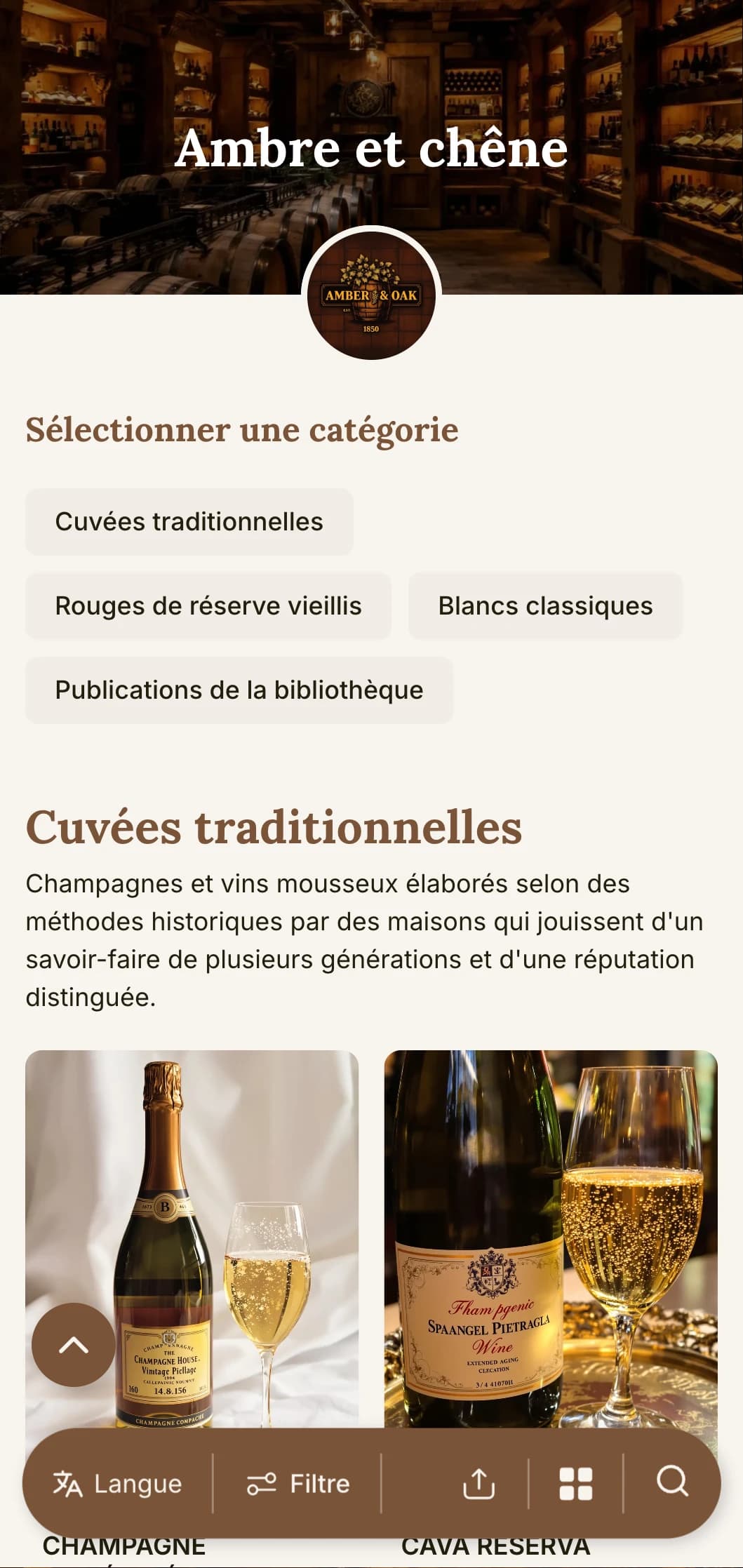 Modèle de carte des vins chaleureusement traditionnel avec des accents d'ambre et de chêne, parfait pour les domaines viticoles établis et les restaurants patrimoniaux avec des programmes de cave.