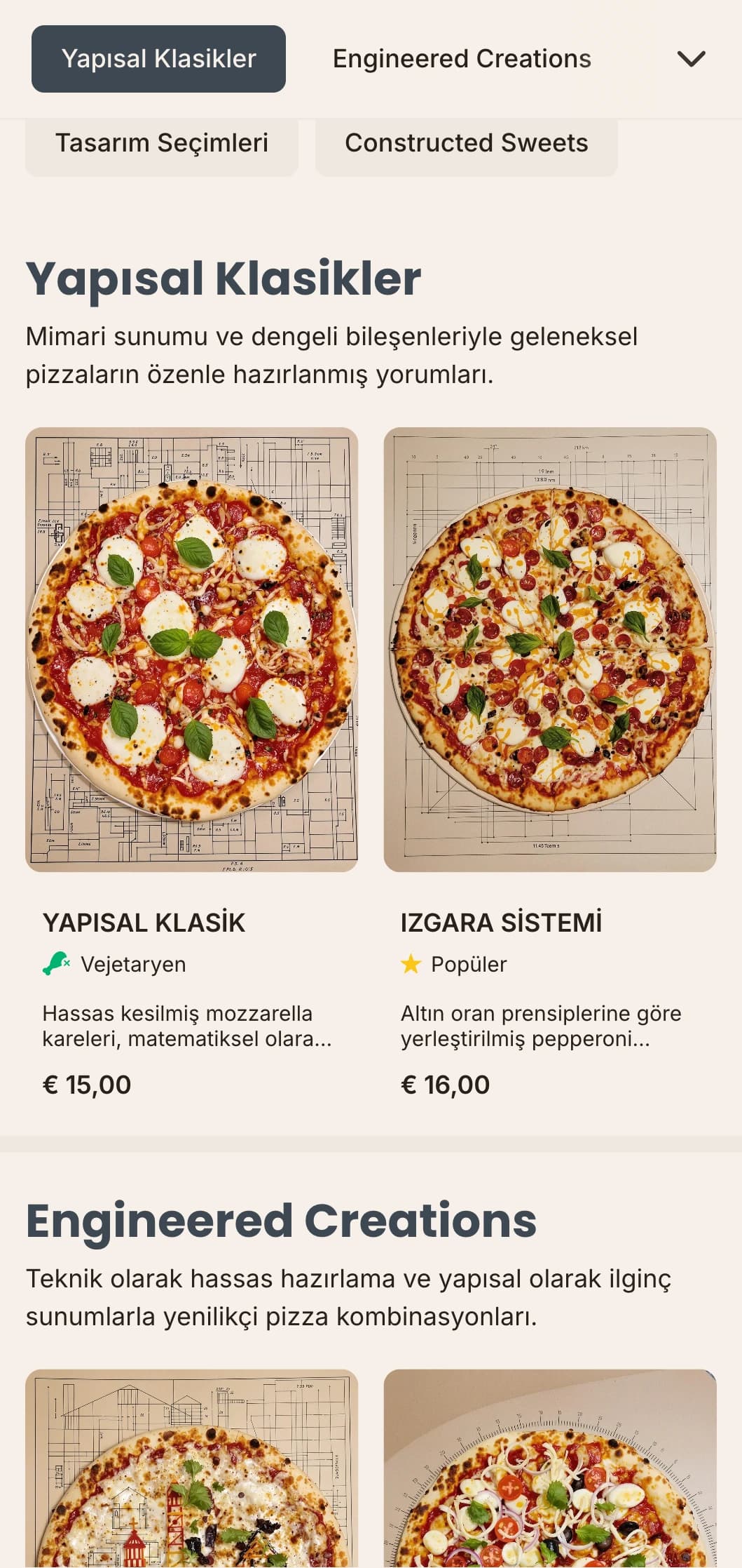 Hassas düzenleri ve teknik estetiği ile mimariden ilham alan pizza menüsü.