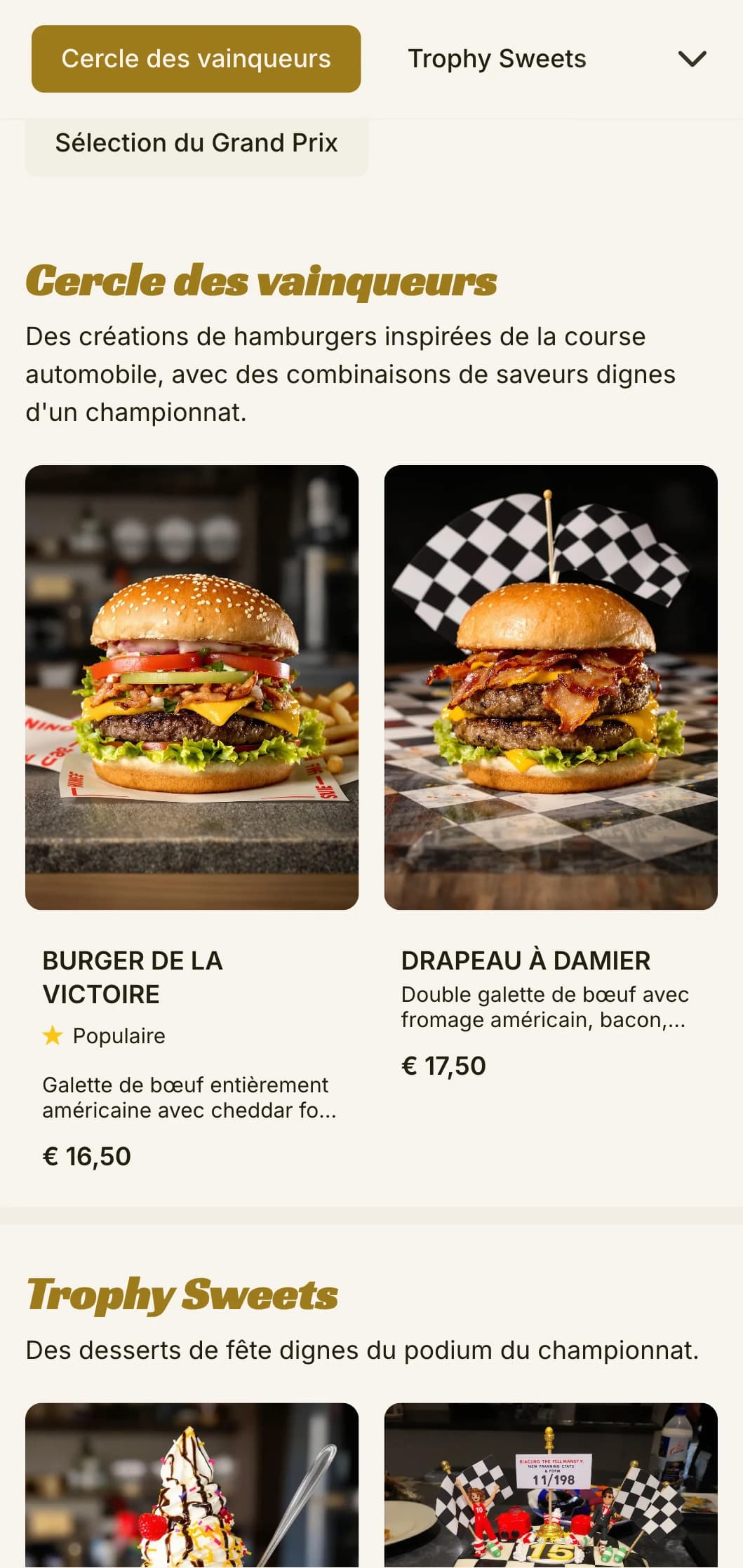 Restaurant de hamburgers inspiré de la course automobile, avec des éléments de sport automobile et une atmosphère de piste de victoire.