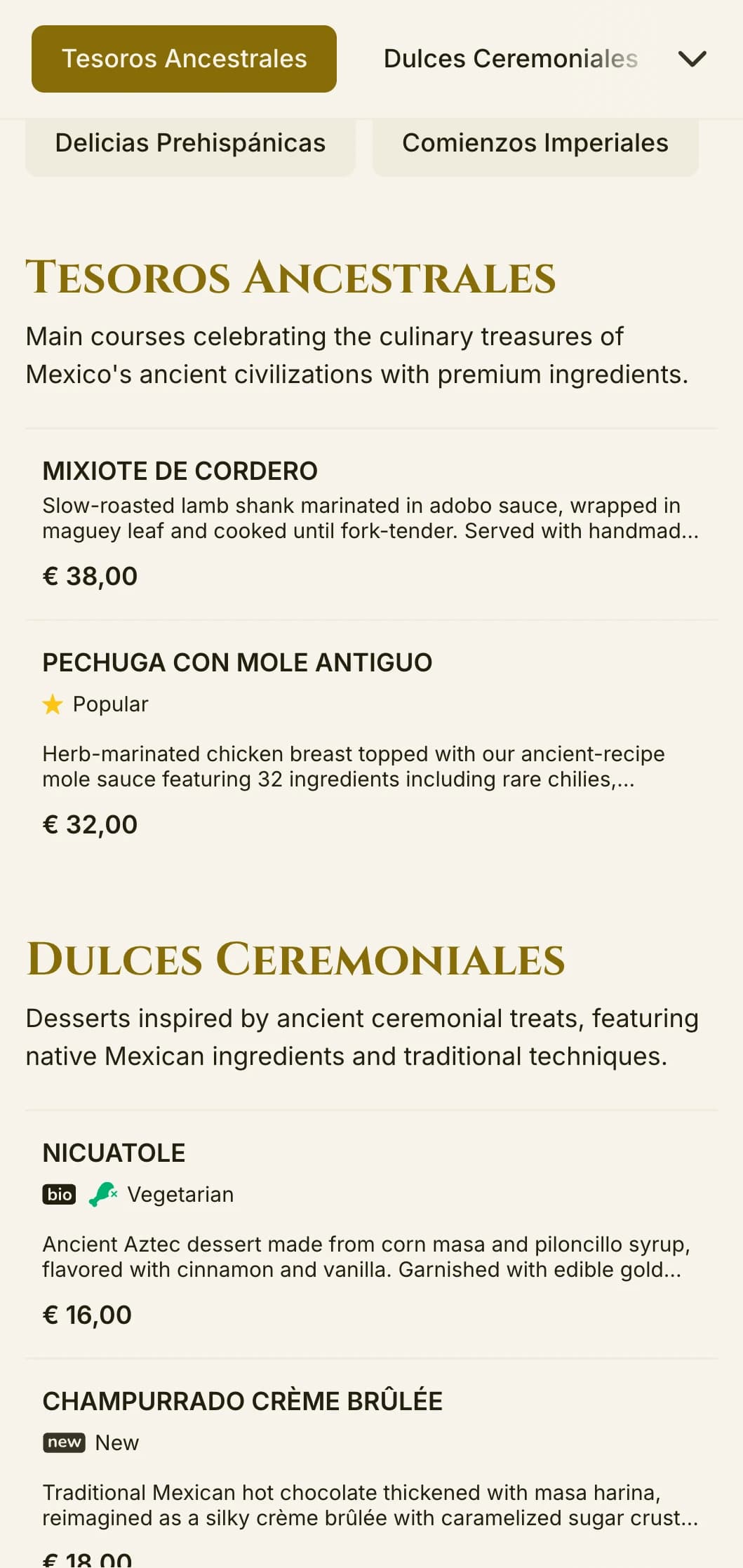 Elegant menu inspired by ancient Aztec culture featuring luxurious gold accents, historic symbolism, and premium traditional dishes on ivory parchment.