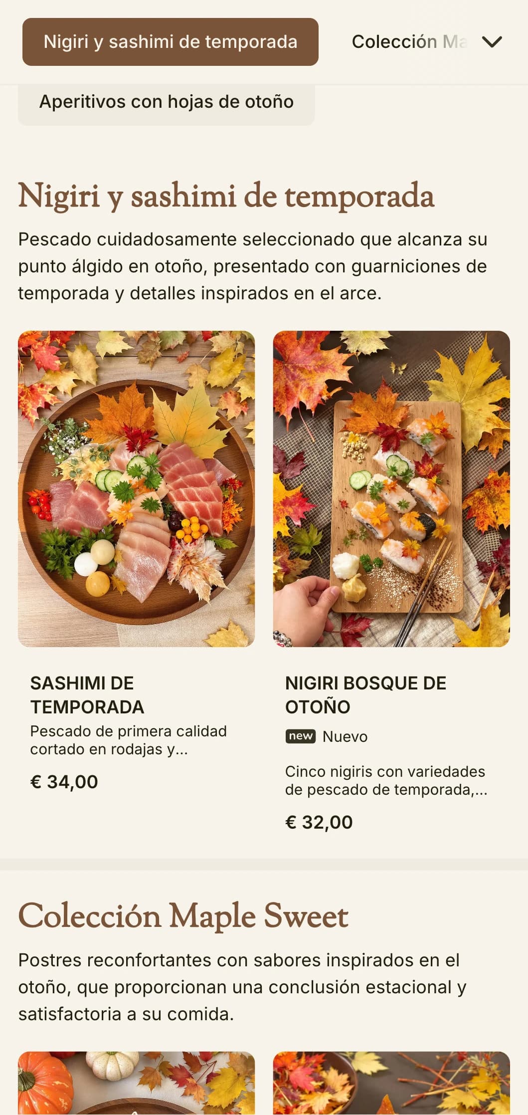 Cálido menú de sushi de temporada con ricos tonos de arce y elementos inspirados en el otoño para una cena tradicional.